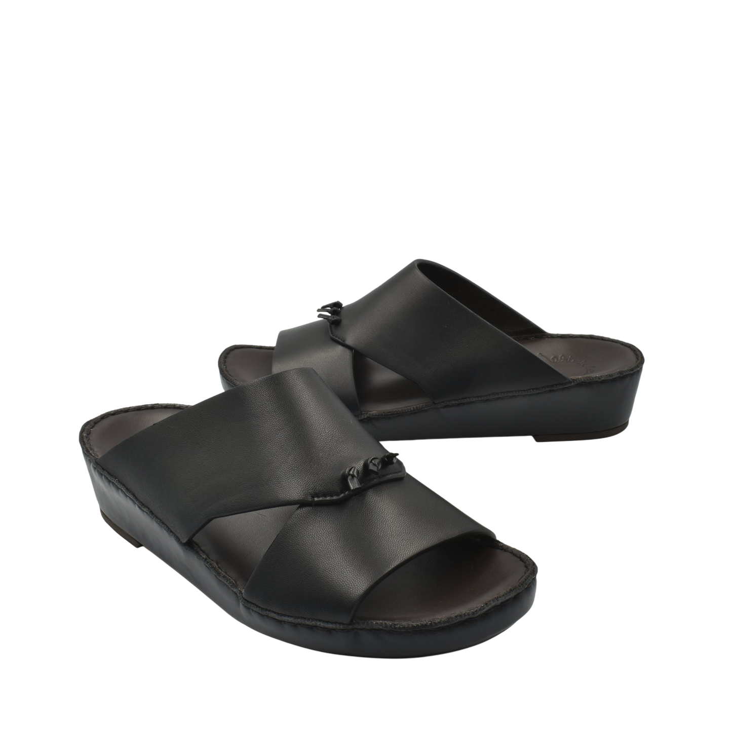 Black luxury nappa leather sandal with wide crossover straps and cushioned sole from Private collection