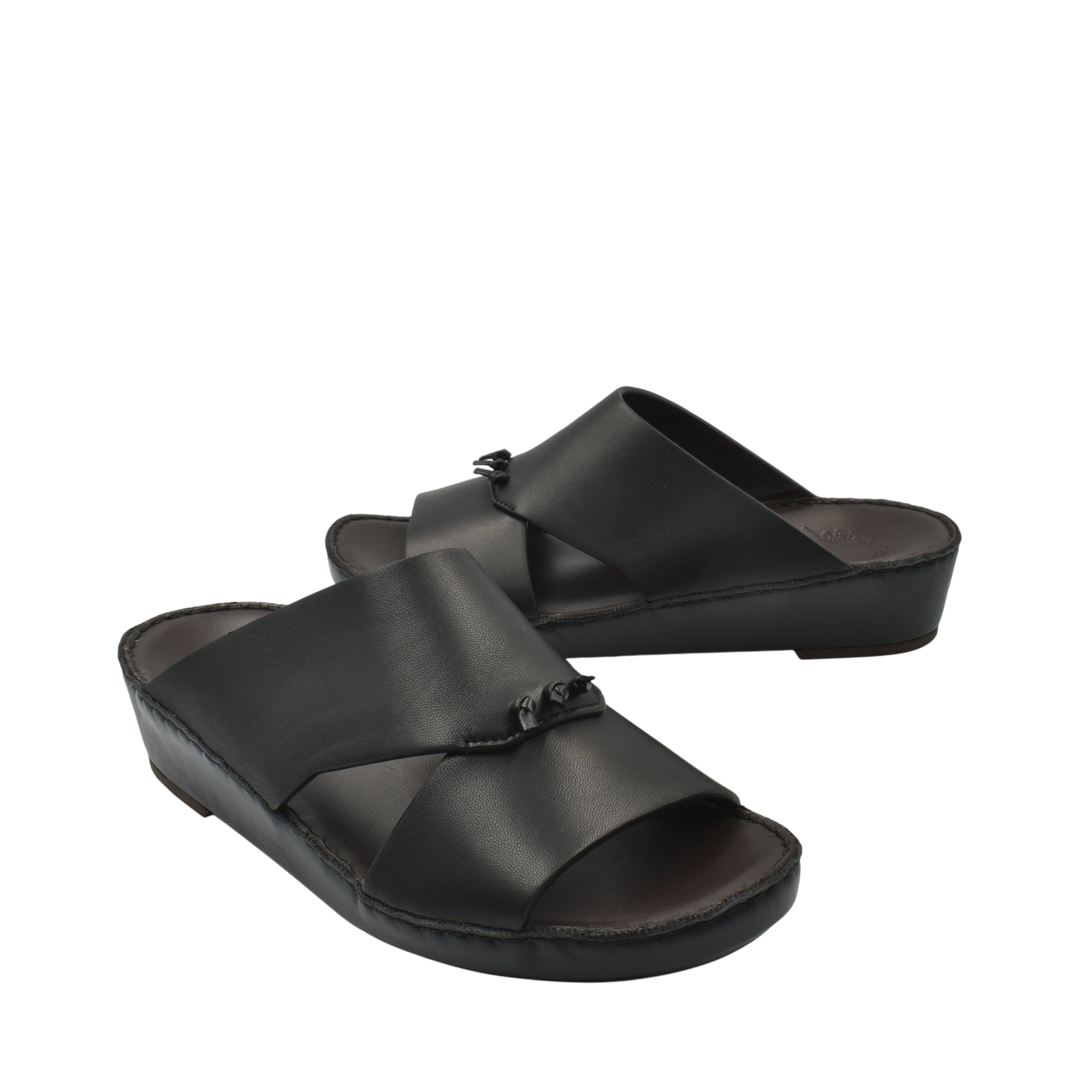 Black luxury nappa leather sandal with wide crossover straps and cushioned sole from Private collection