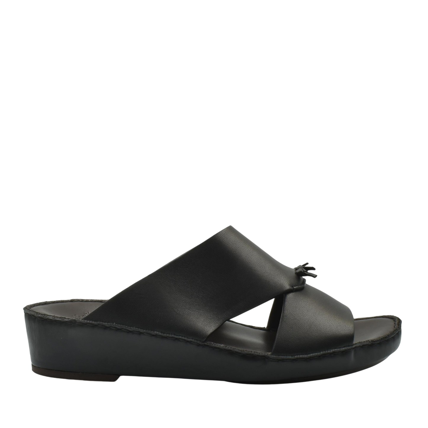 Black luxury nappa leather sandal with open toe and cushioned sole for comfort