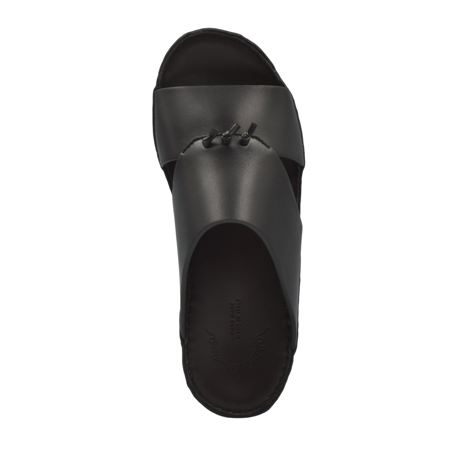Top view of luxury nappa leather sandal in black with stitched design on the strap