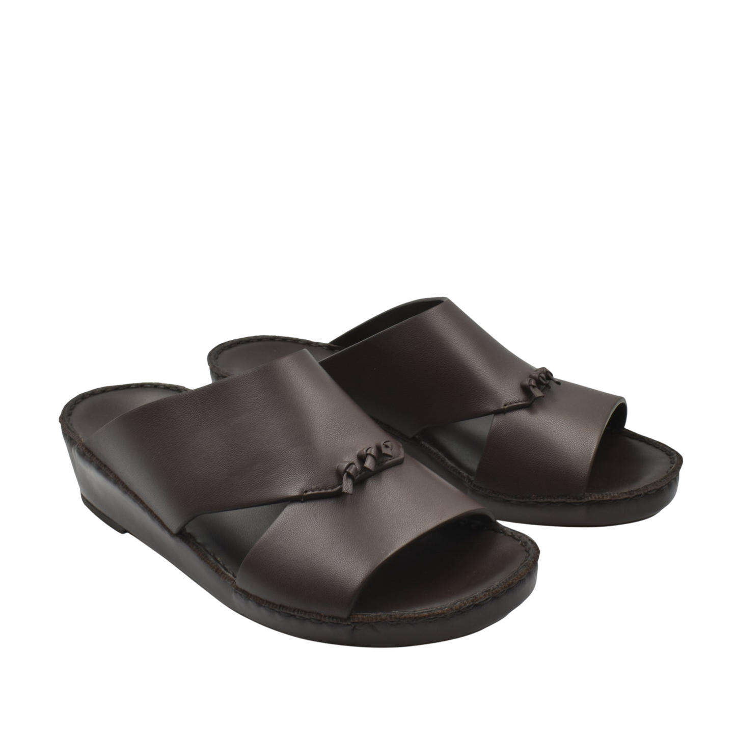 Pair of dark brown luxury nappa leather sandal with open toe and slip-on design