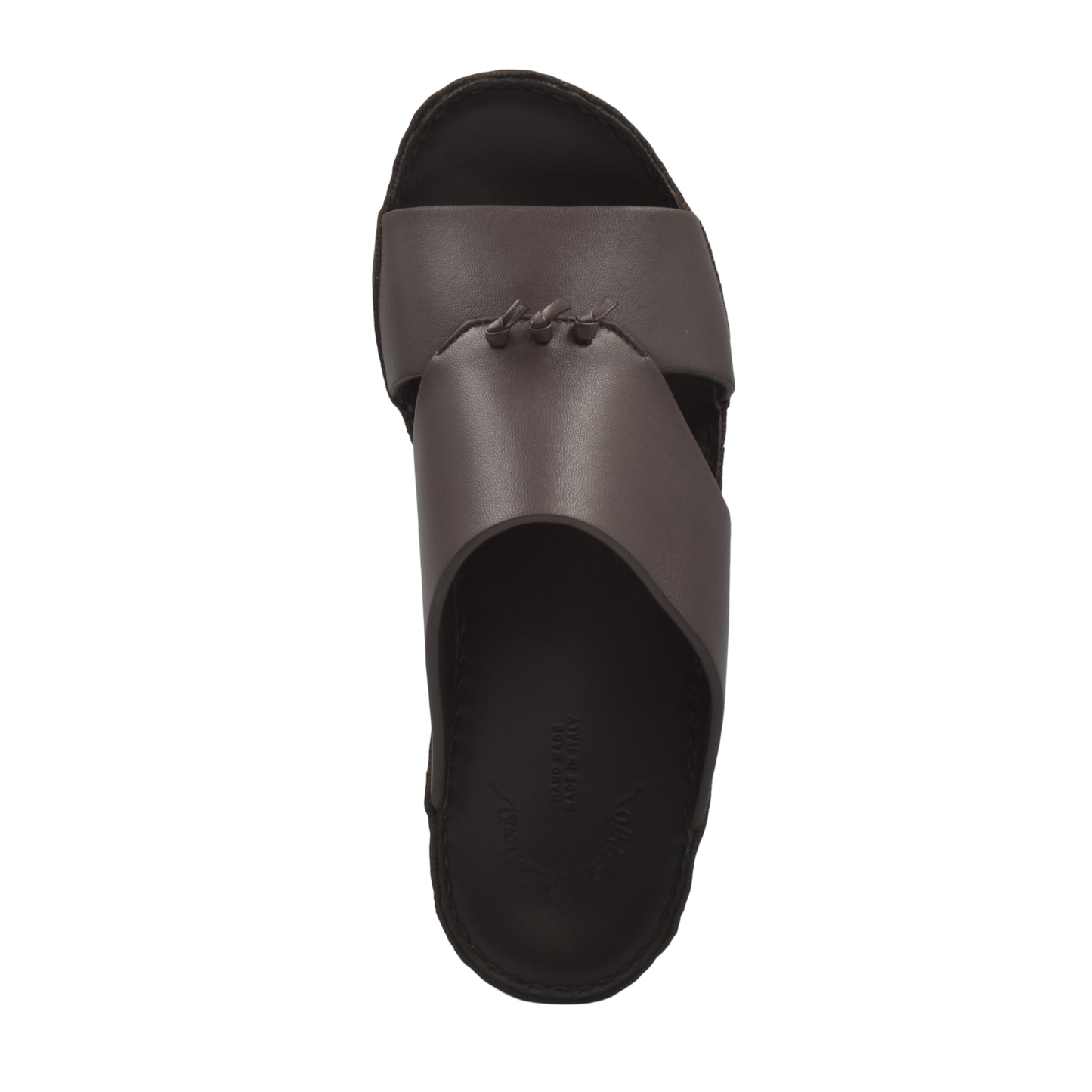 Top view of a luxury nappa leather sandal in dark brown with a stitched crossover strap design
