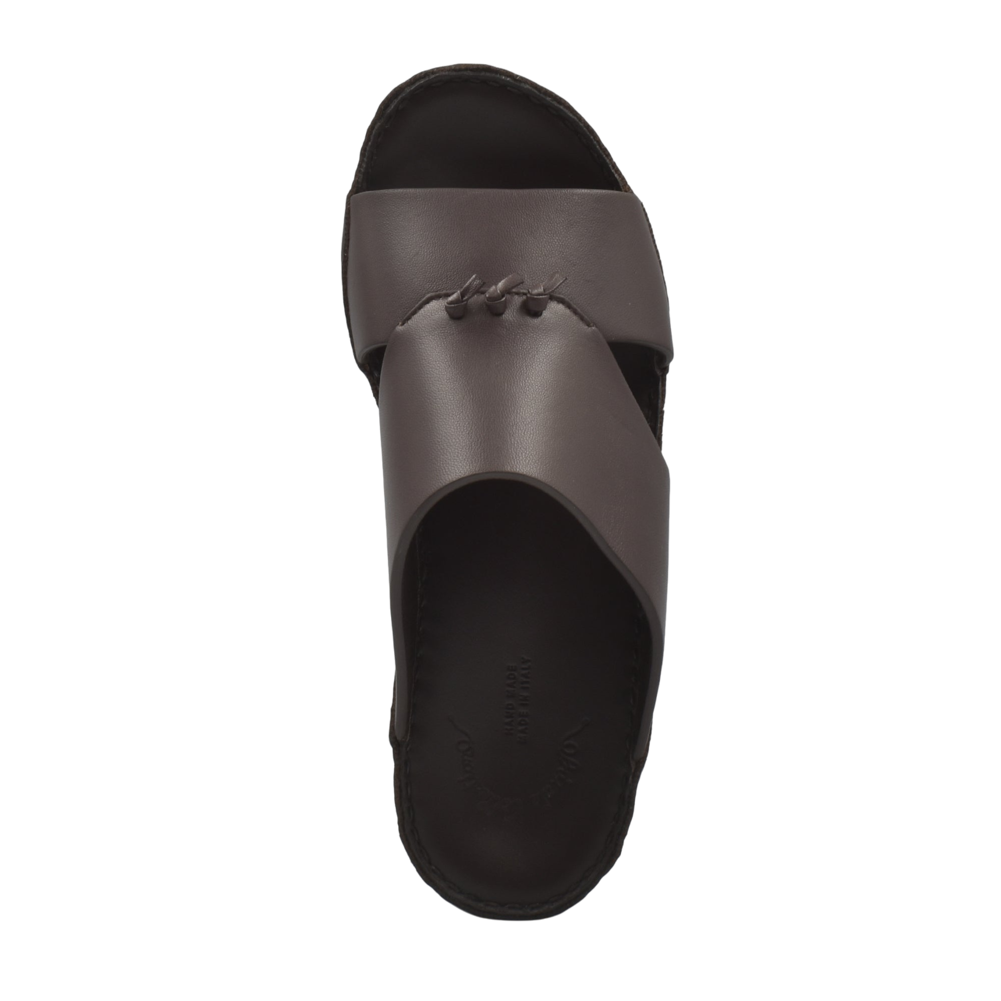 Top view of a luxury nappa leather sandal in dark brown with a stitched crossover strap design