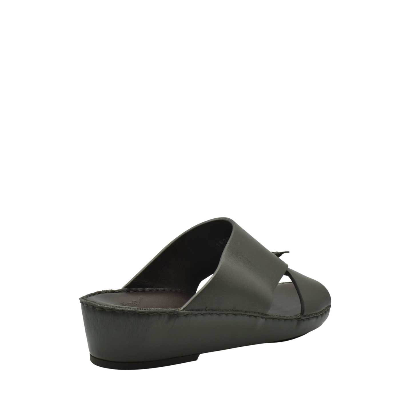 Side view of a gray luxury nappa leather sandal with a wedge sole from Private collection