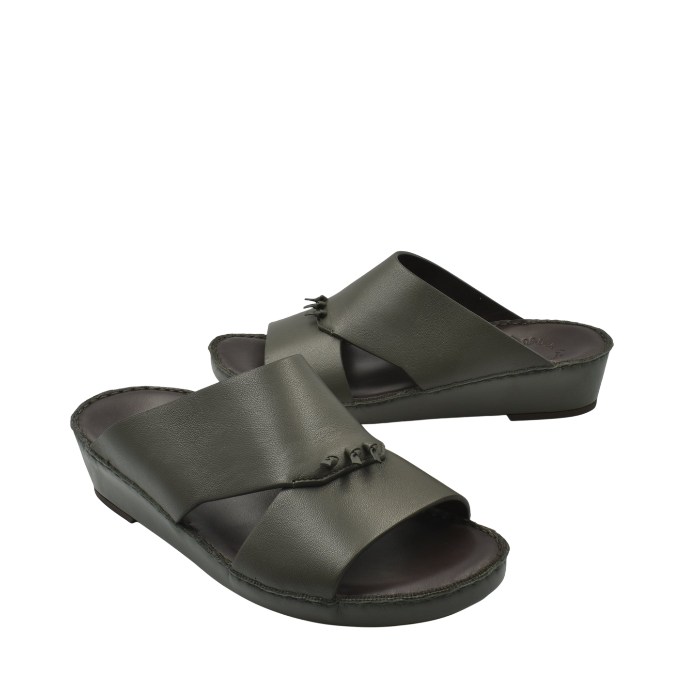 Pair of luxury nappa leather sandal in dark olive with open toe and comfortable sole