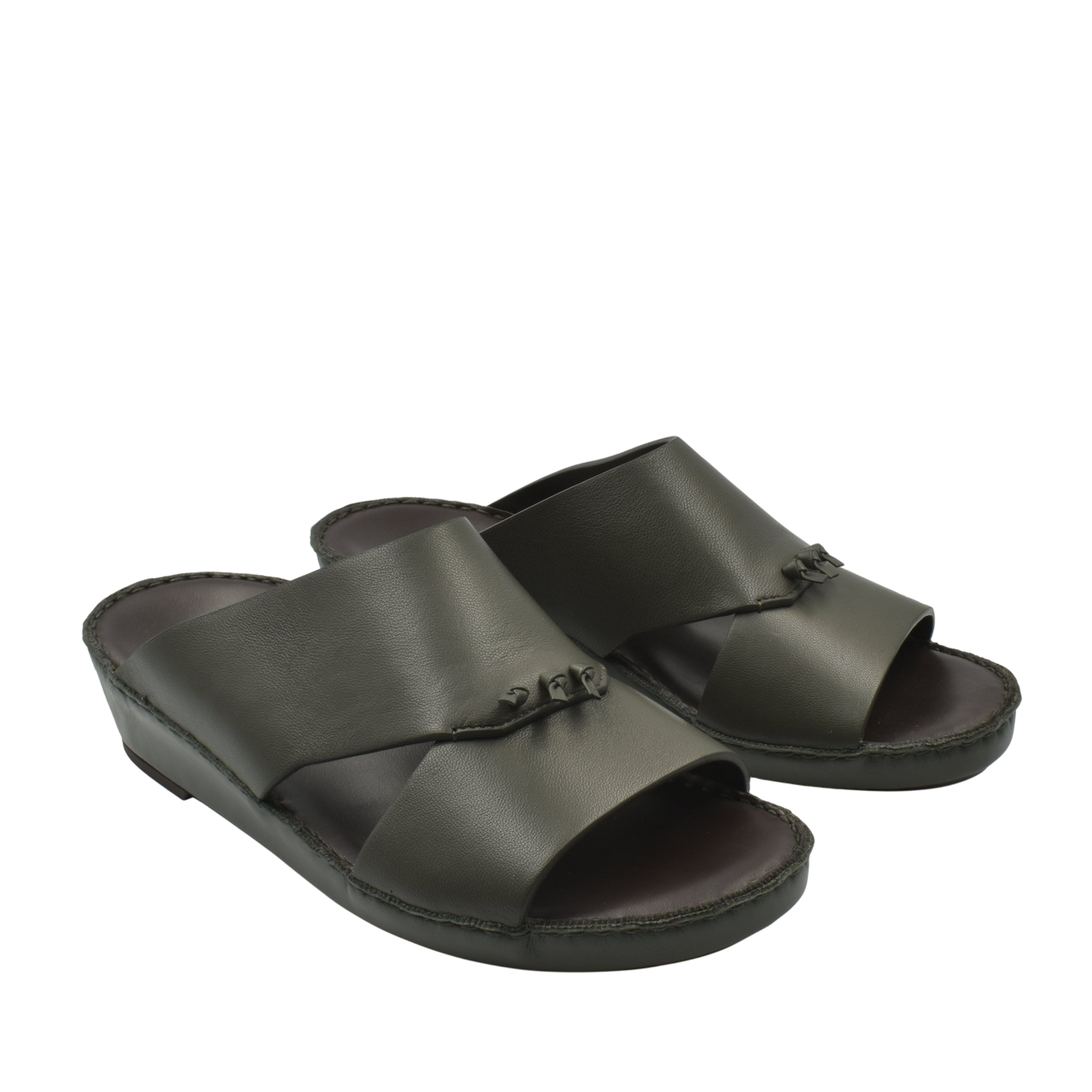 Pair of men's luxury nappa leather sandal in dark olive with open toe and cushioned sole
