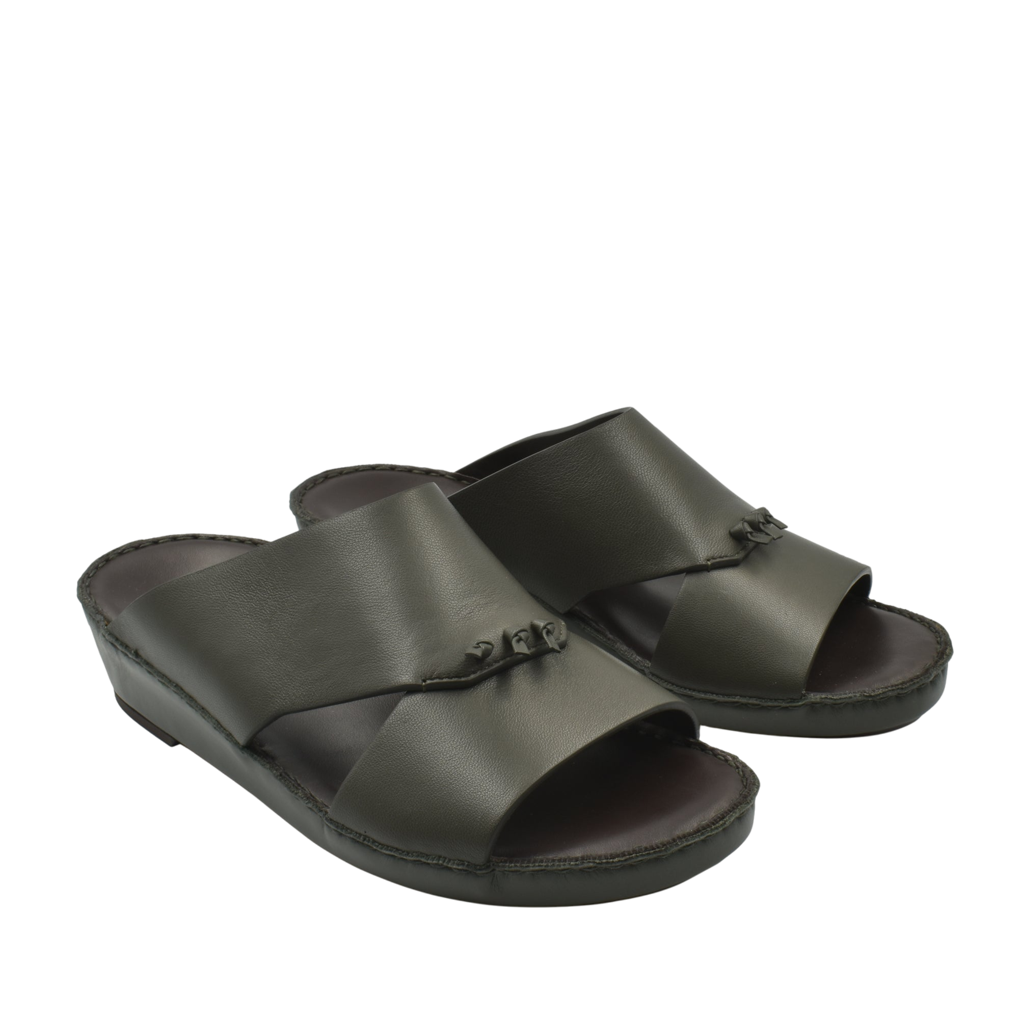 Pair of men's luxury nappa leather sandal in dark olive with open toe and cushioned sole