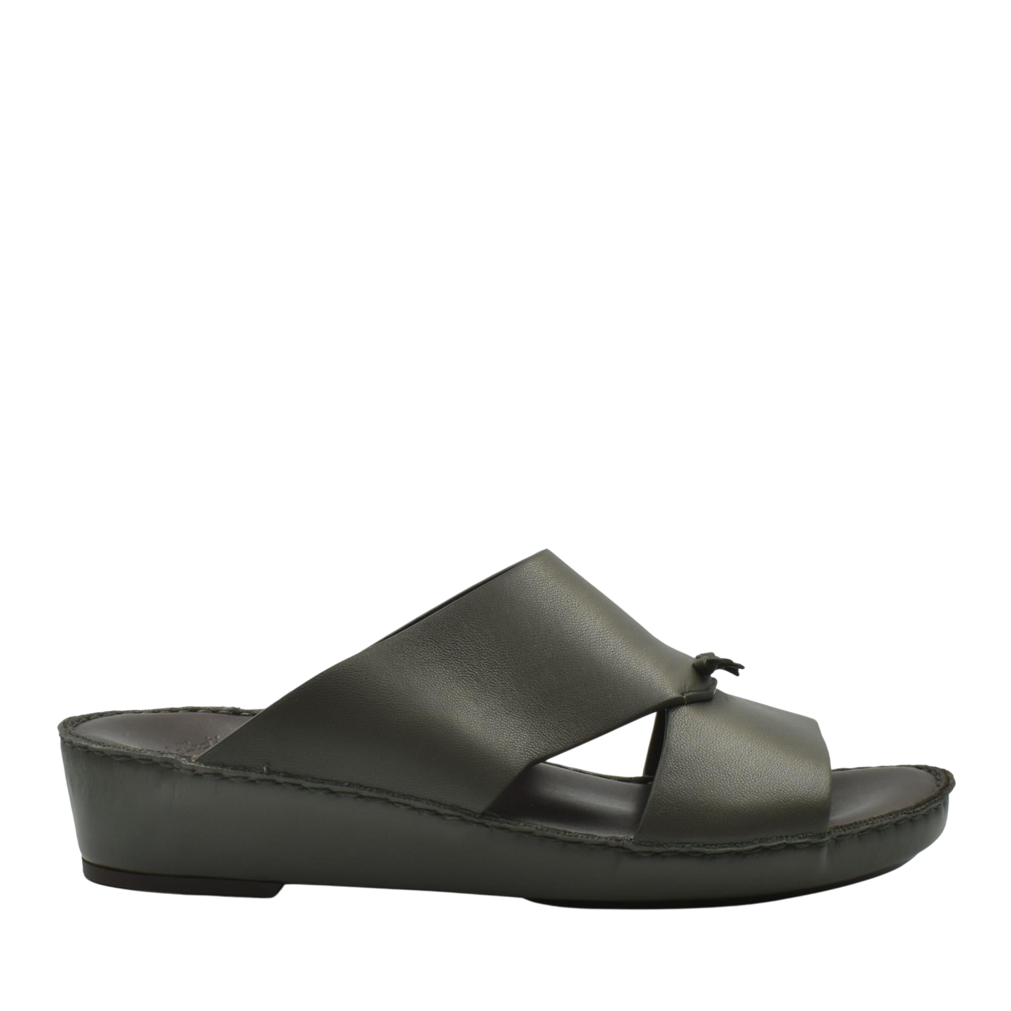Side view of luxury nappa leather sandal in dark olive with cross strap design and comfortable sole