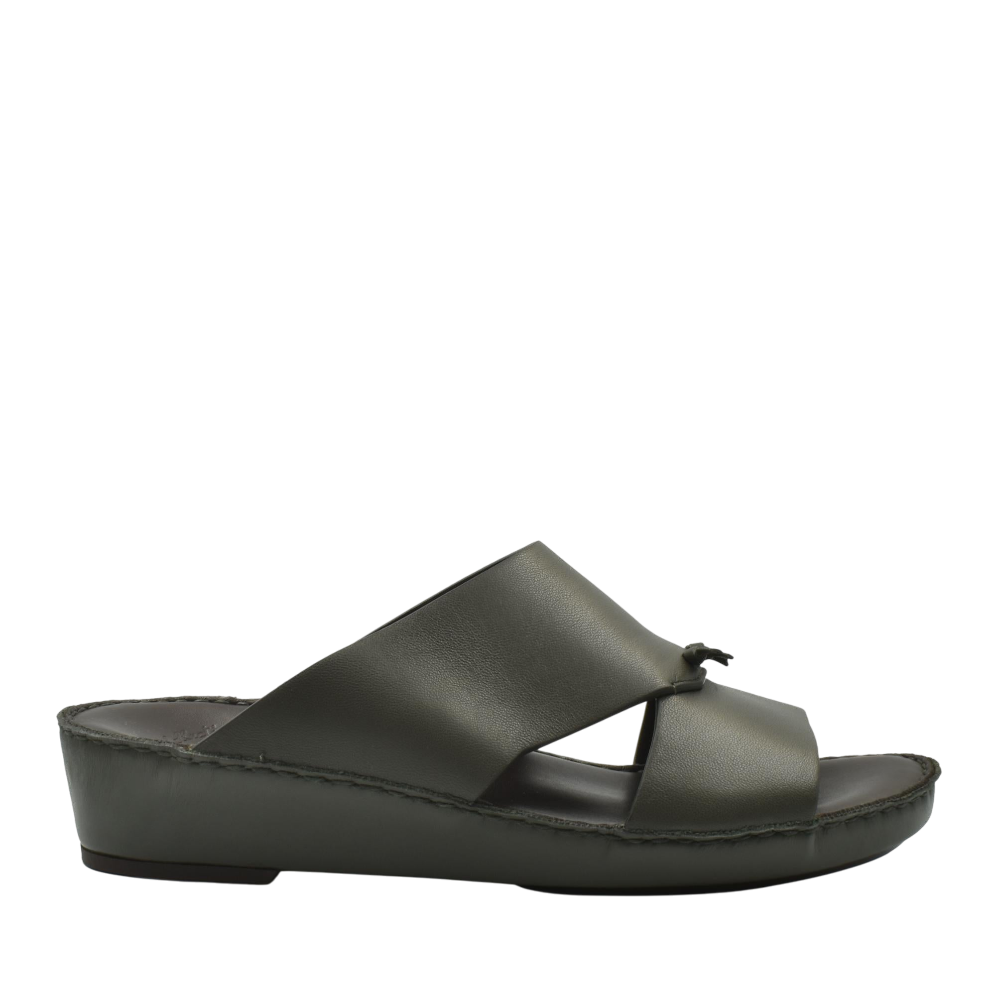 Side view of luxury nappa leather sandal in dark olive with cross strap design and comfortable sole