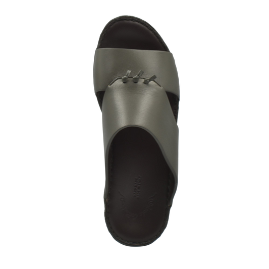 Top view of luxury nappa leather sandal in gray with stitched details and black sole