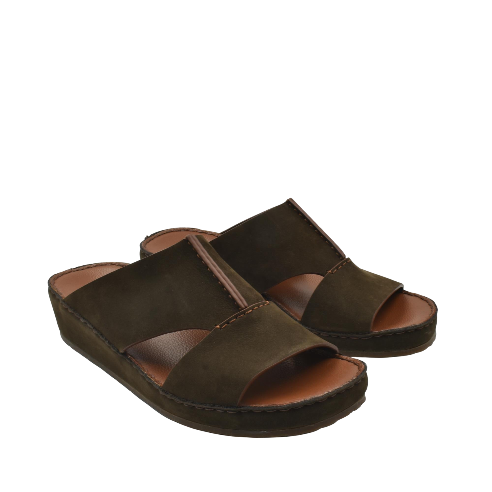Pair of luxury nubuck sandals in dark brown with open toe and cushioned sole