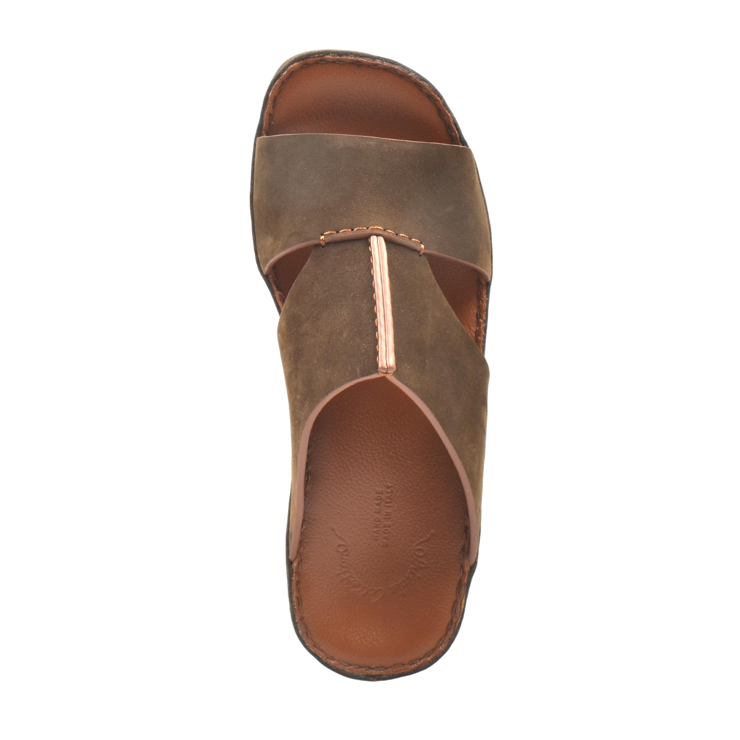 Top view of brown luxury nubuck sandals with wide straps and cushioned footbed