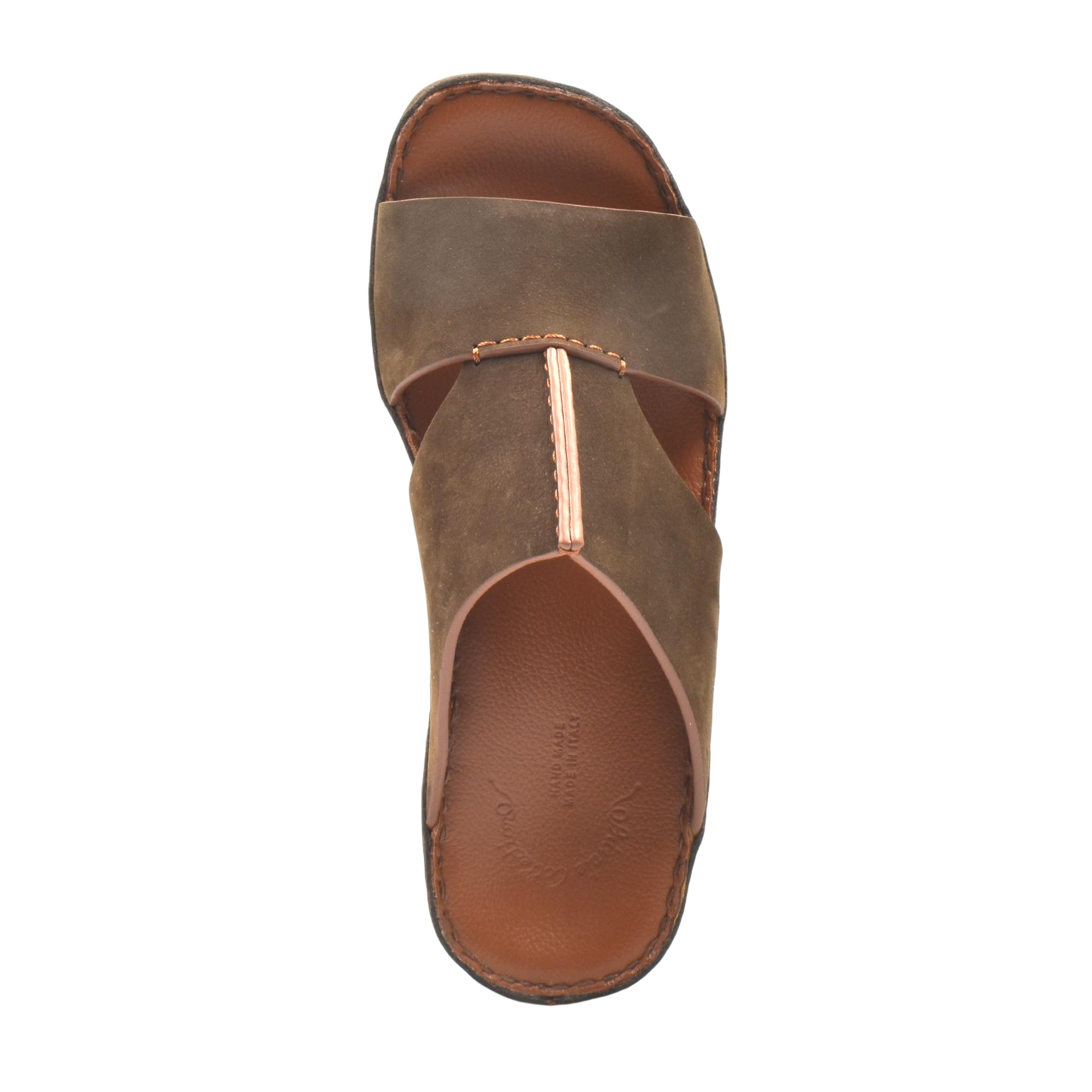 Top view of brown luxury nubuck sandals with wide straps and cushioned footbed