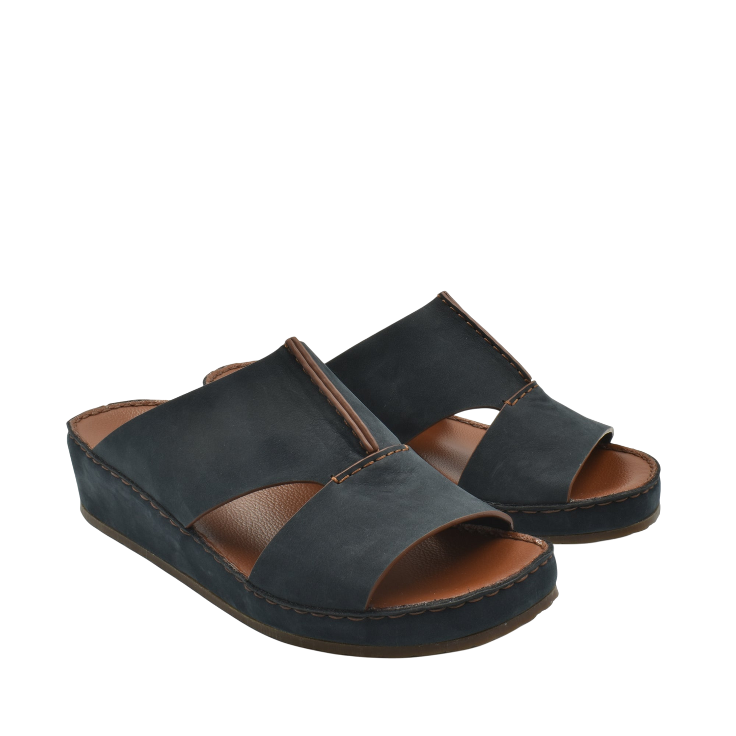 Black luxury nubuck sandals with cushioned brown footbed and slip-on design for comfort