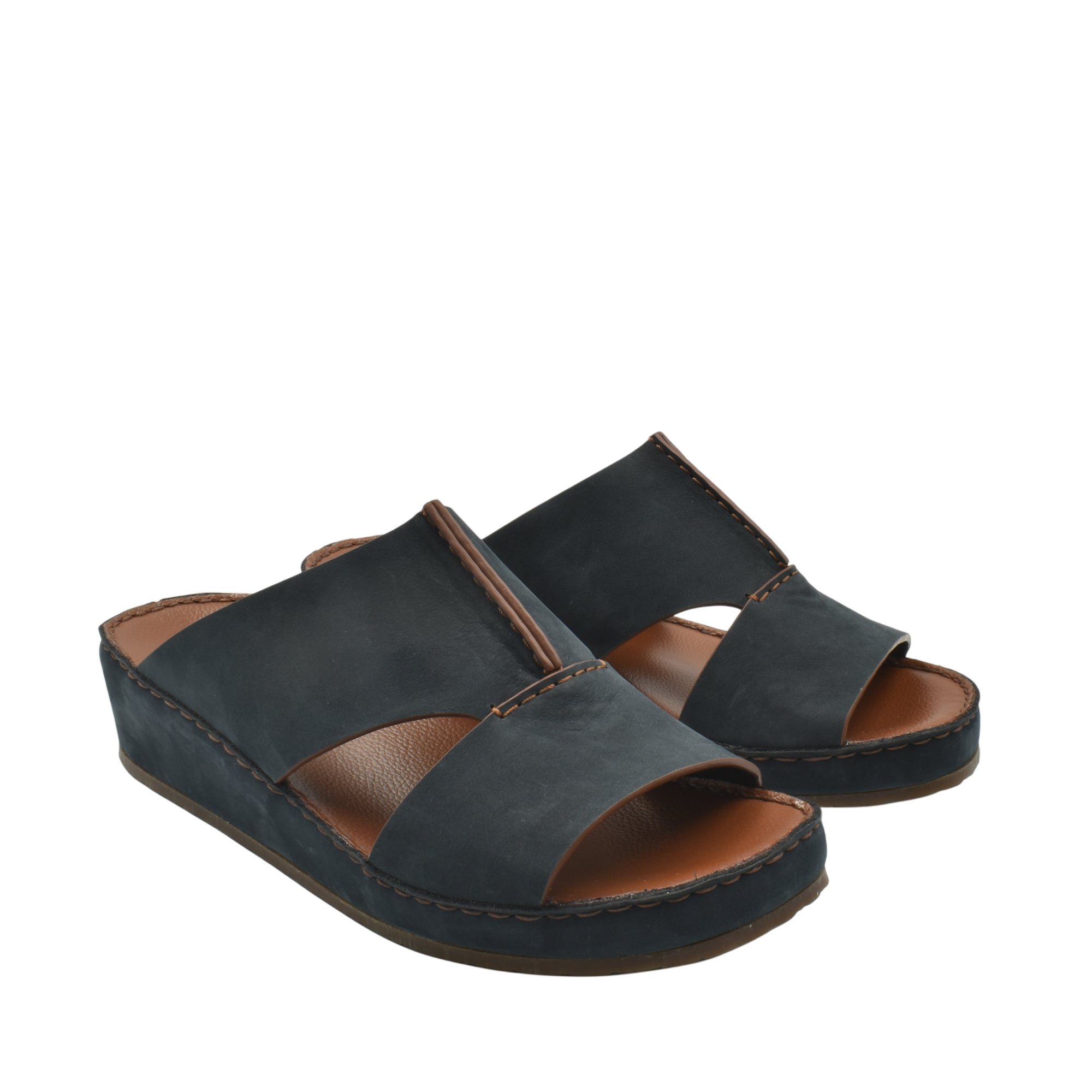 Black luxury nubuck sandals with cushioned brown footbed and slip-on design for comfort