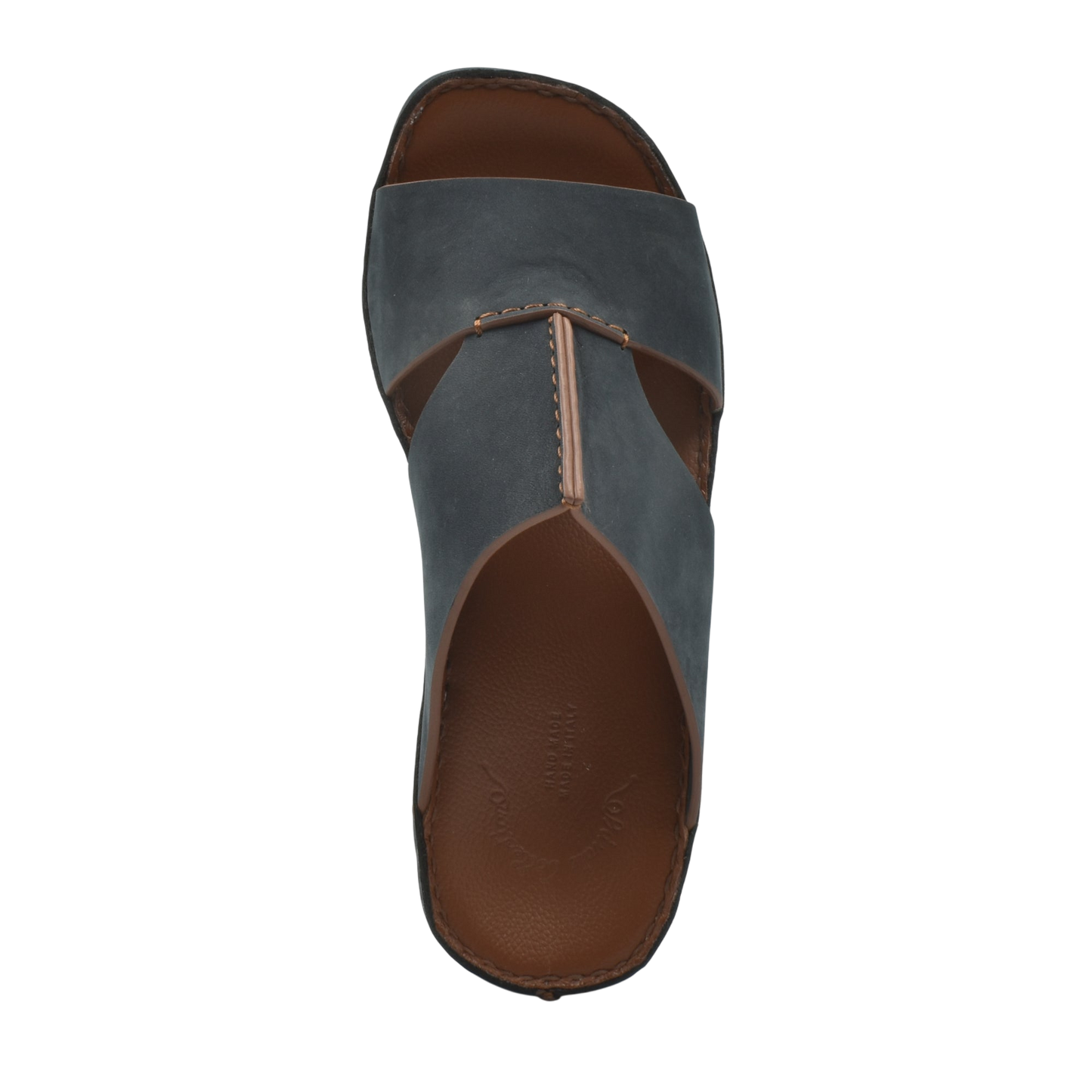 Top view of a blue luxury nubuck sandals with brown cushioned footbed for comfort