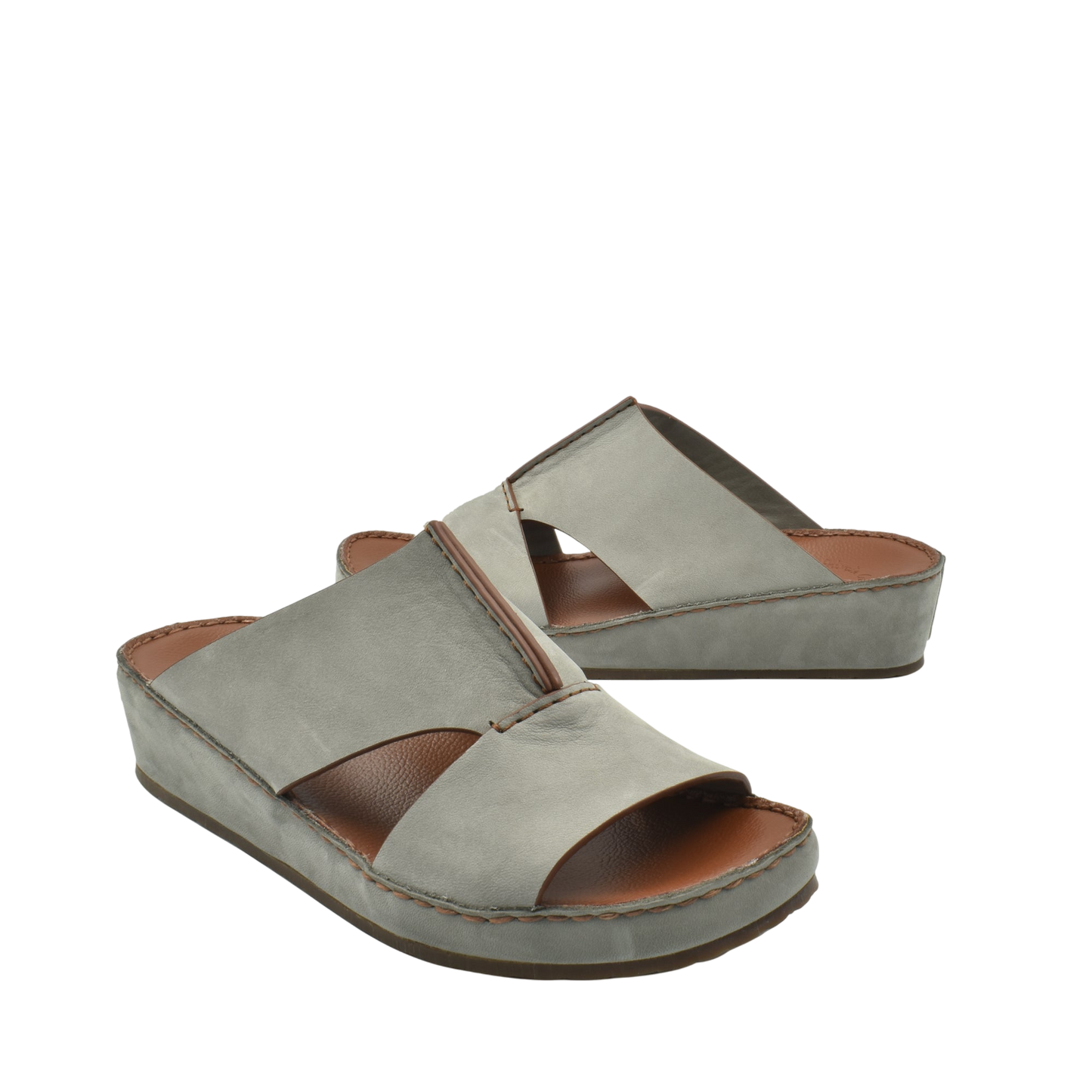 Gray luxury nubuck sandals with open toe and cushioned sole from private collection