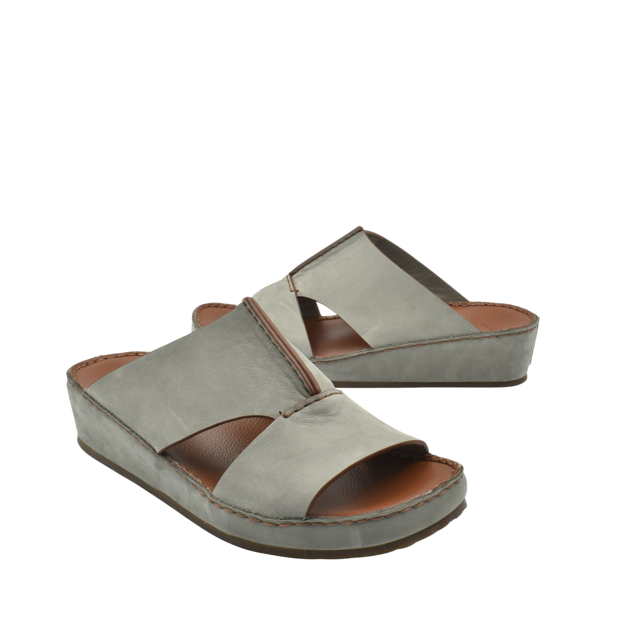Gray luxury nubuck sandals with open toe and cushioned sole from private collection