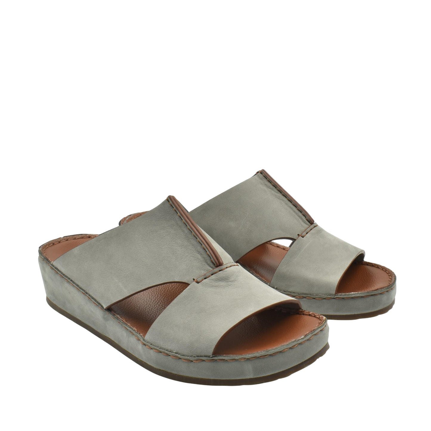 Gray luxury nubuck sandals with open toe and comfortable cushioned sole in a slip-on design