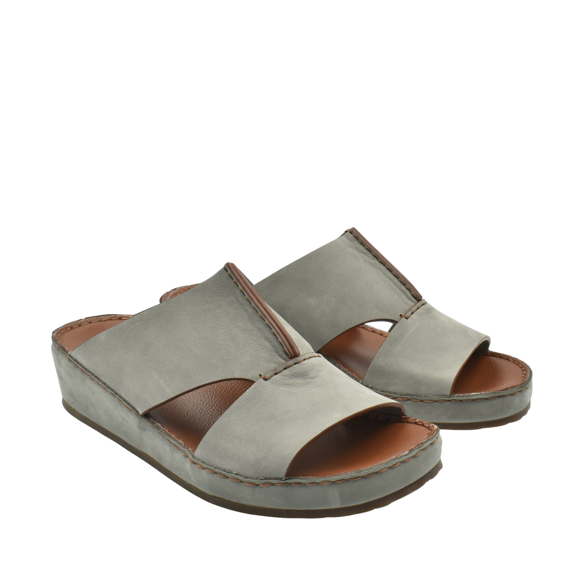 Gray luxury nubuck sandals with open toe and comfortable cushioned sole in a slip-on design