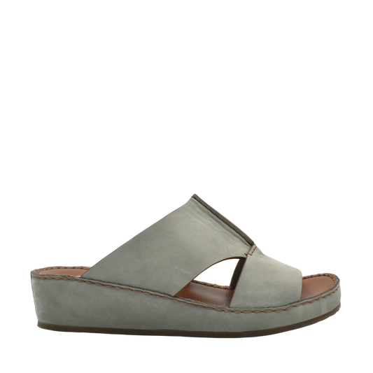 Grey luxury nubuck sandals with open toe and low wedge sole for comfortable wear