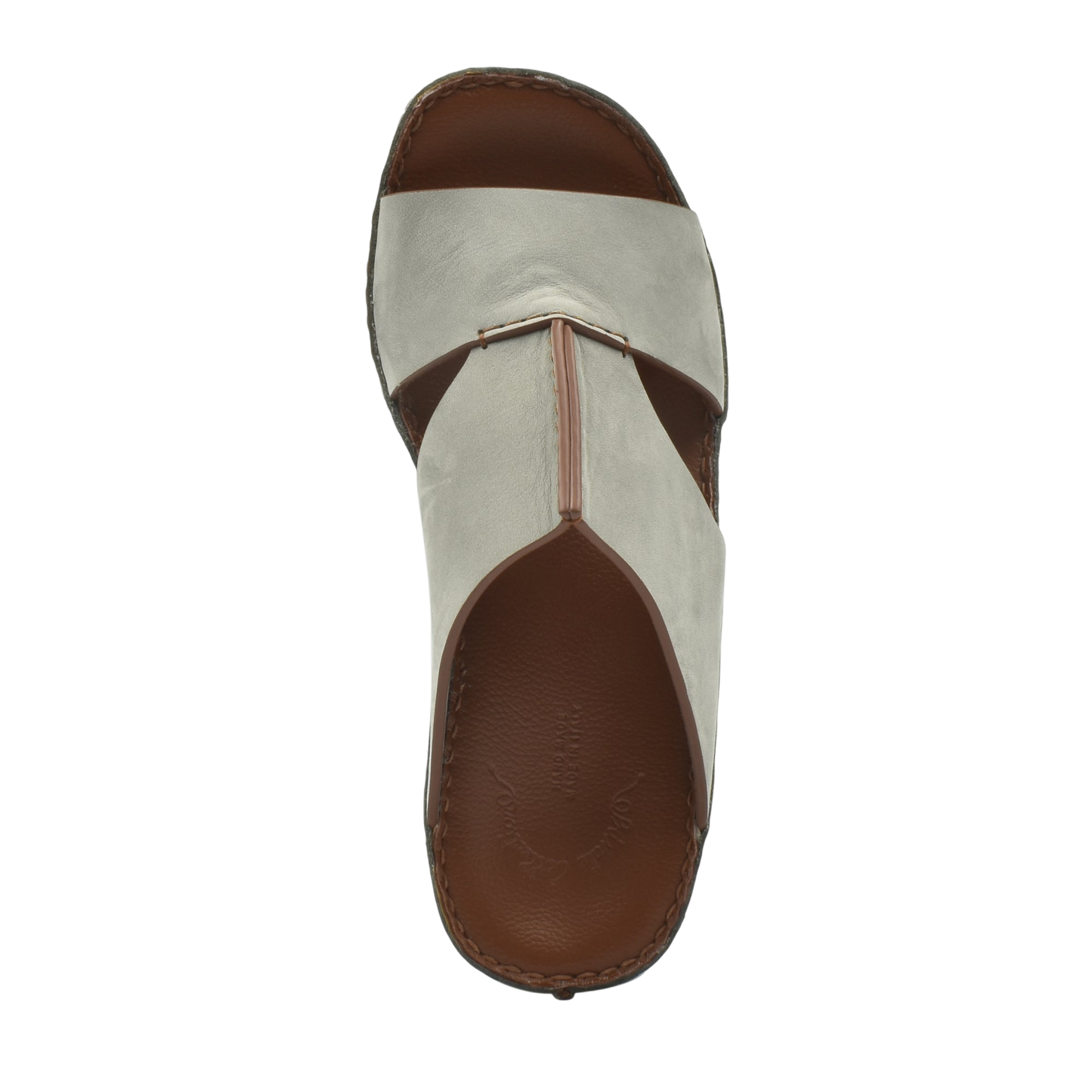 Top view of luxury nubuck sandals in light gray with brown sole from private collection