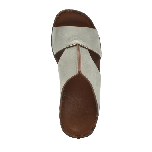 Top view of luxury nubuck sandals in light gray with brown sole from private collection