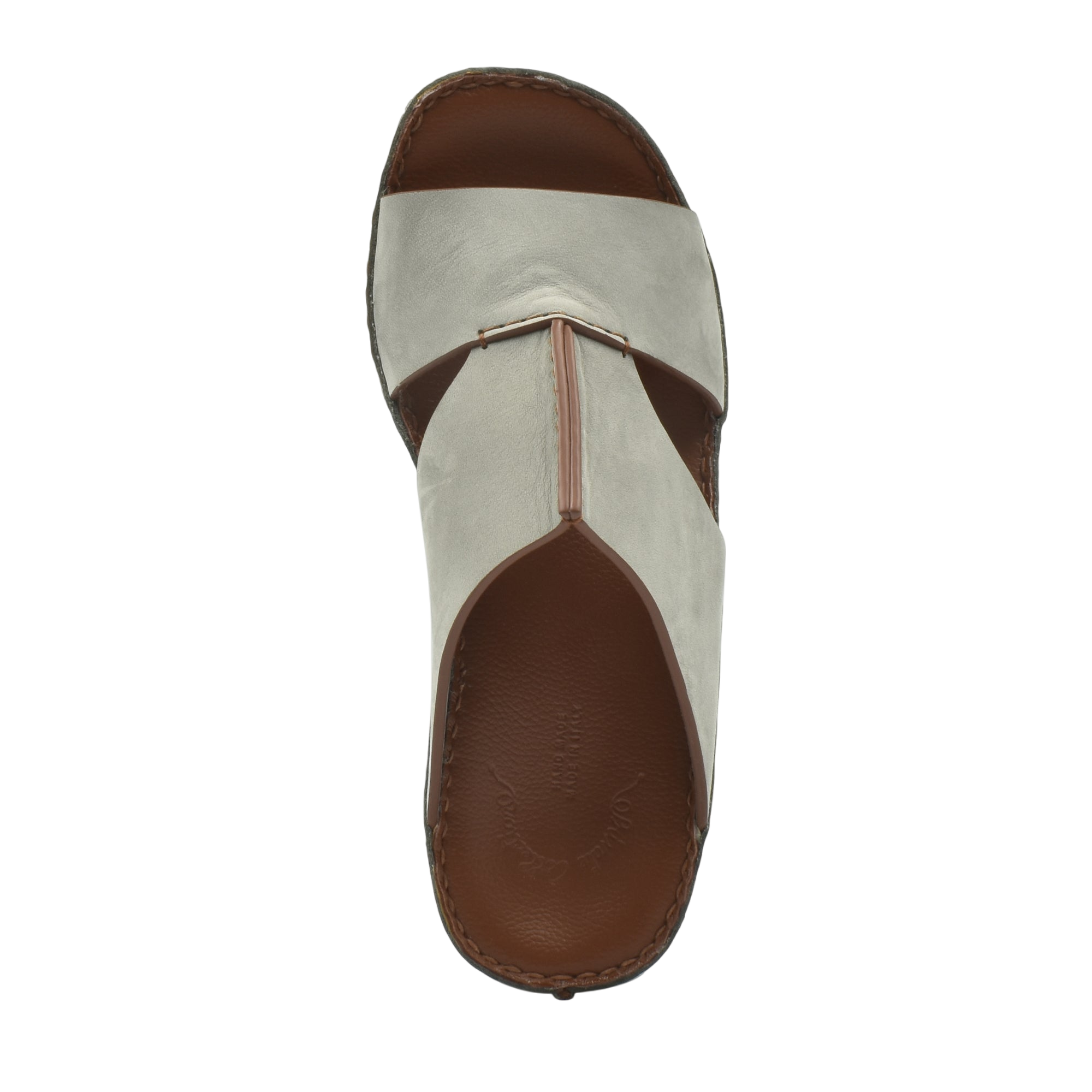 Top view of luxury nubuck sandals in light gray with brown sole from private collection