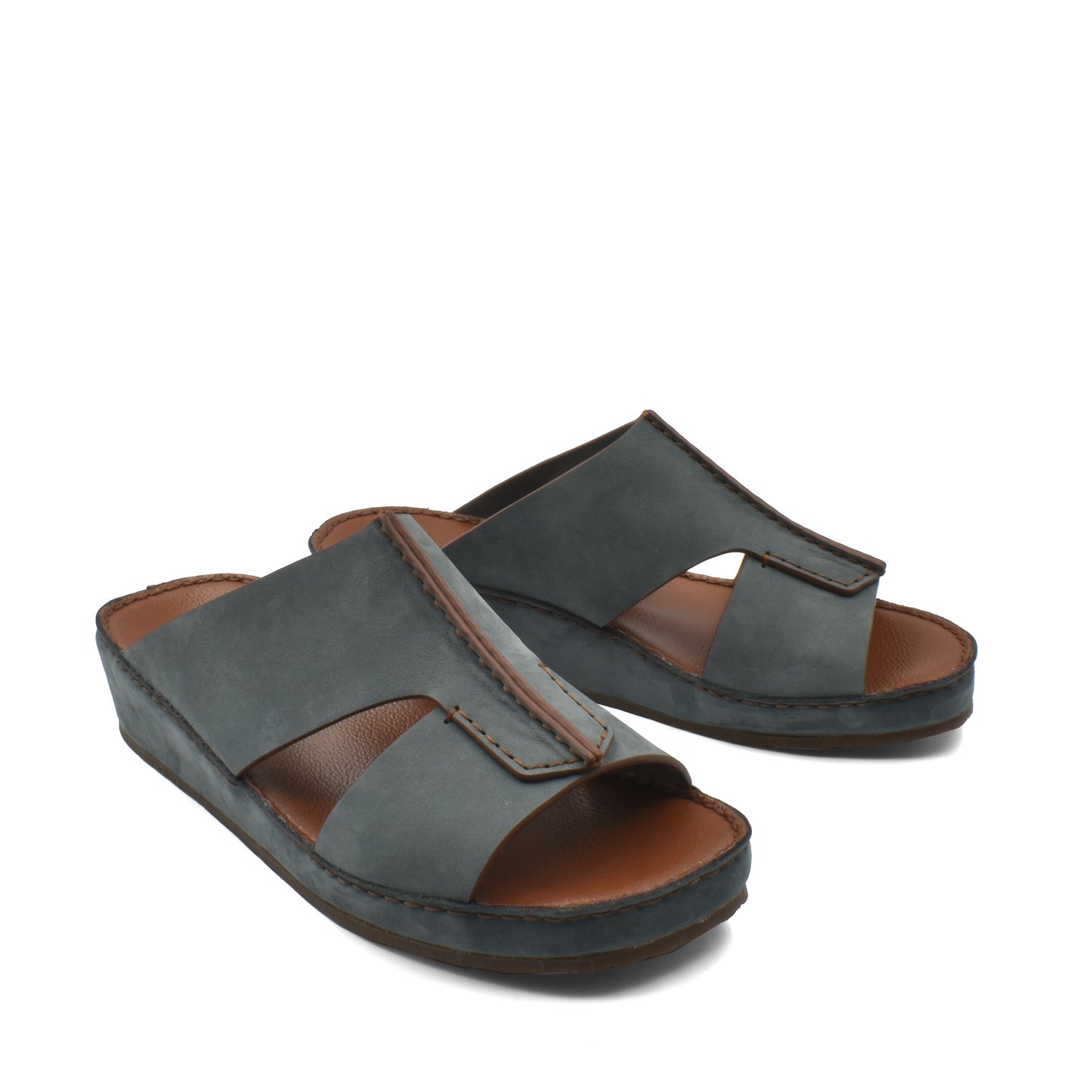 Private collection luxury nubuck slides in gray with open toe design and cushioned brown footbed