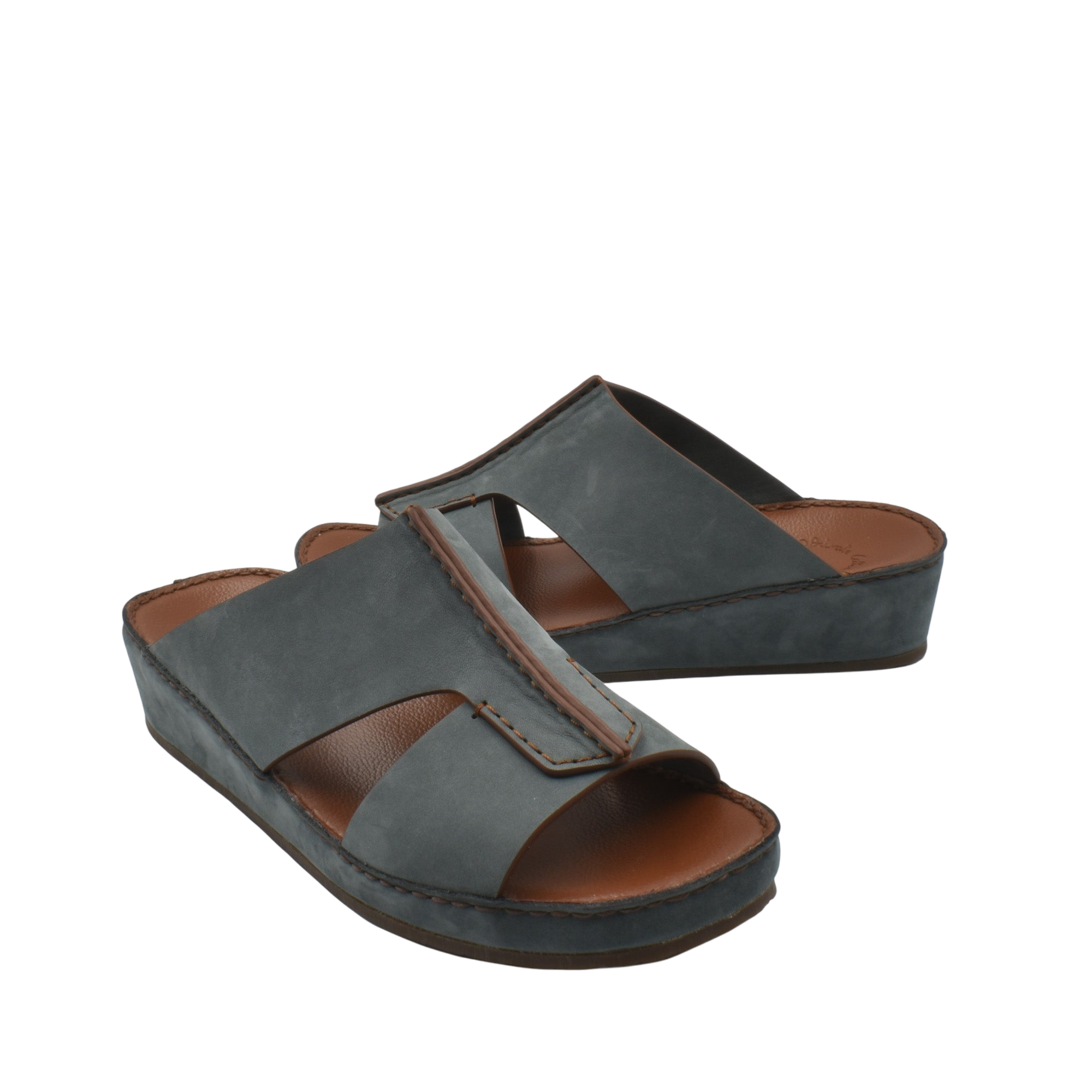 Gray luxury nubuck slides with cushioned brown footbed and open toe design