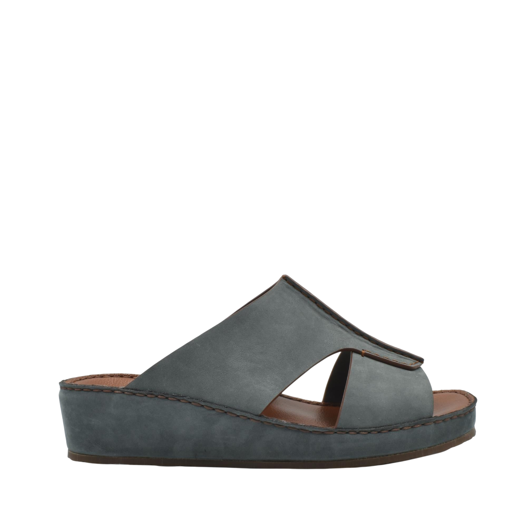 Side view of gray luxury nubuck slides with cutout design and cushioned sole from Private collection