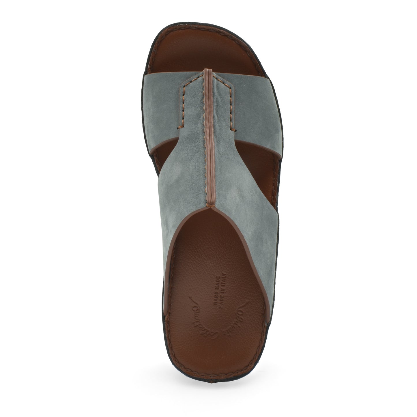 Top view of luxury nubuck slides in gray with brown leather insole and detailed stitching