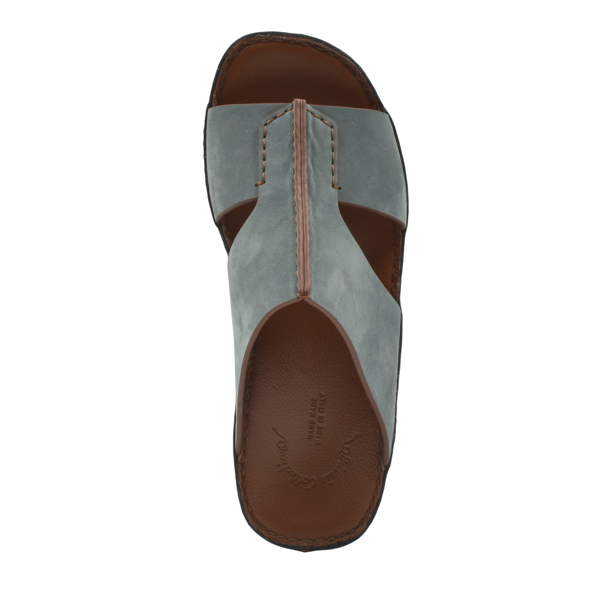 Top view of luxury nubuck slides in gray with brown leather insole and detailed stitching