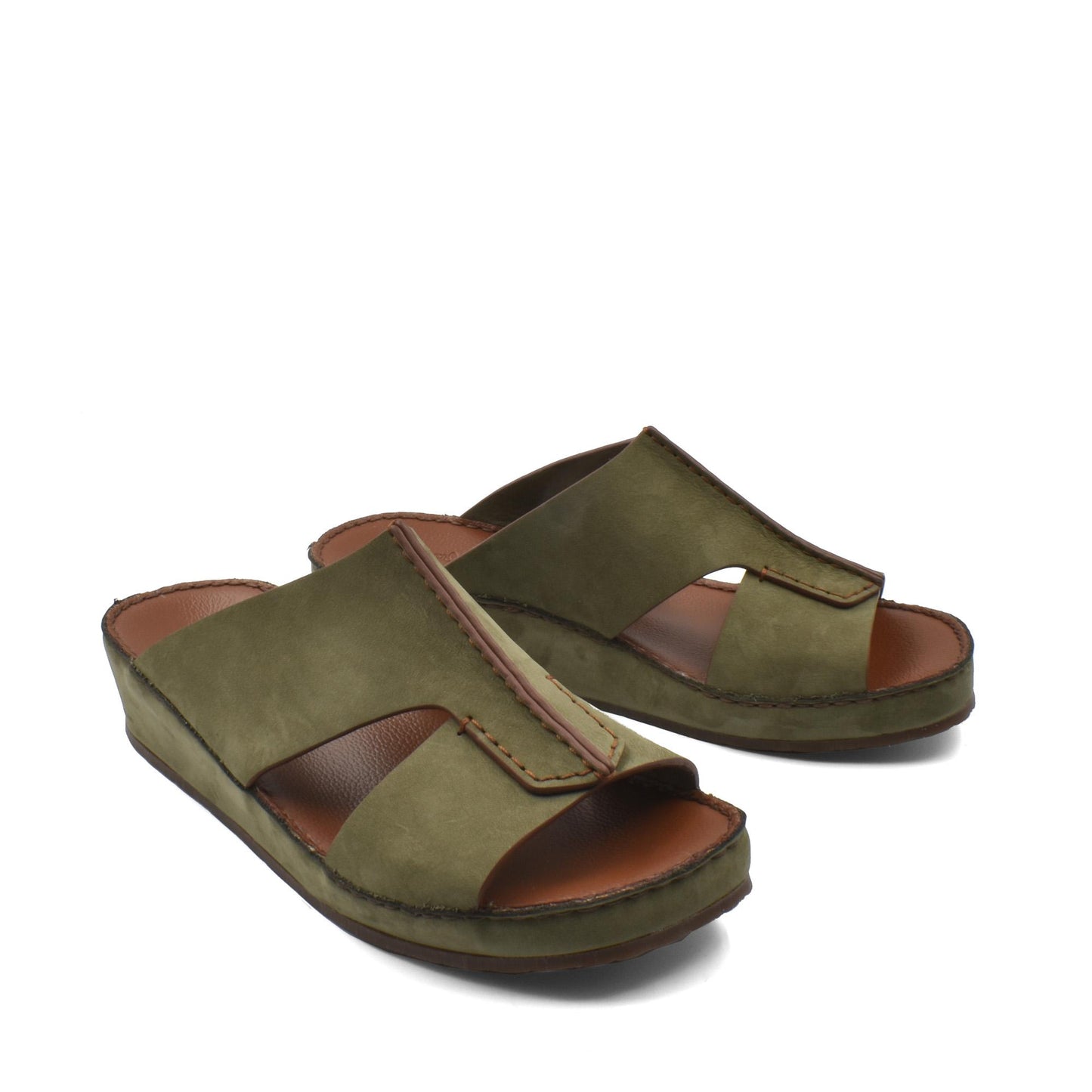 Olive green luxury nubuck slides with open toe and cushioned brown sole for comfortable wear