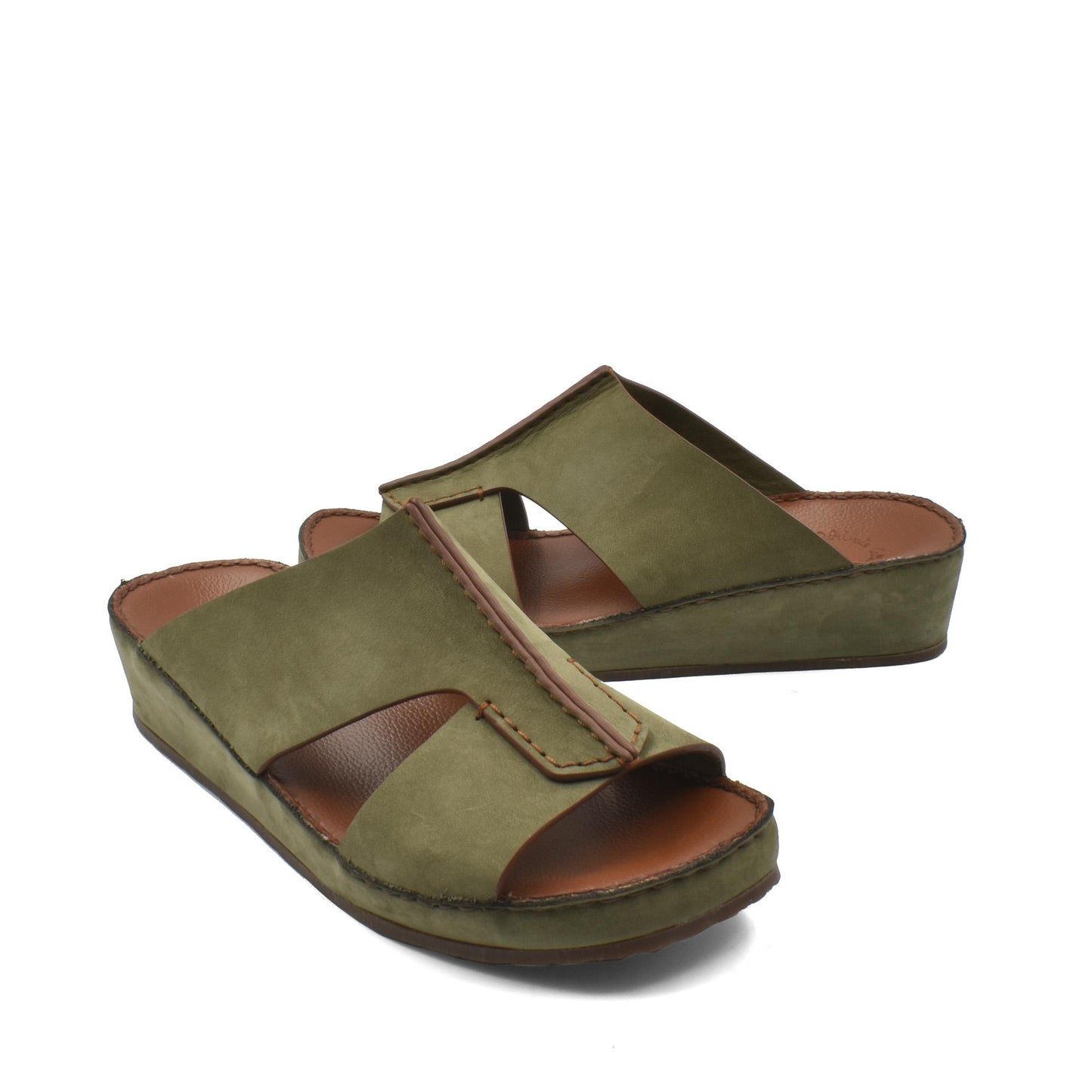 Olive green luxury nubuck slides with open toe and cushioned sole for comfortable wear