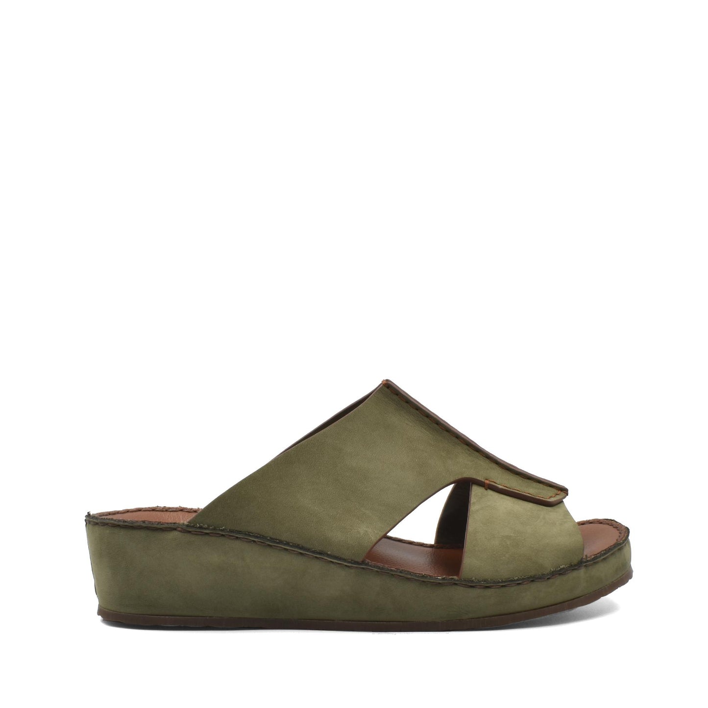 Olive green luxury nubuck slides with open toe and comfortable wedge sole