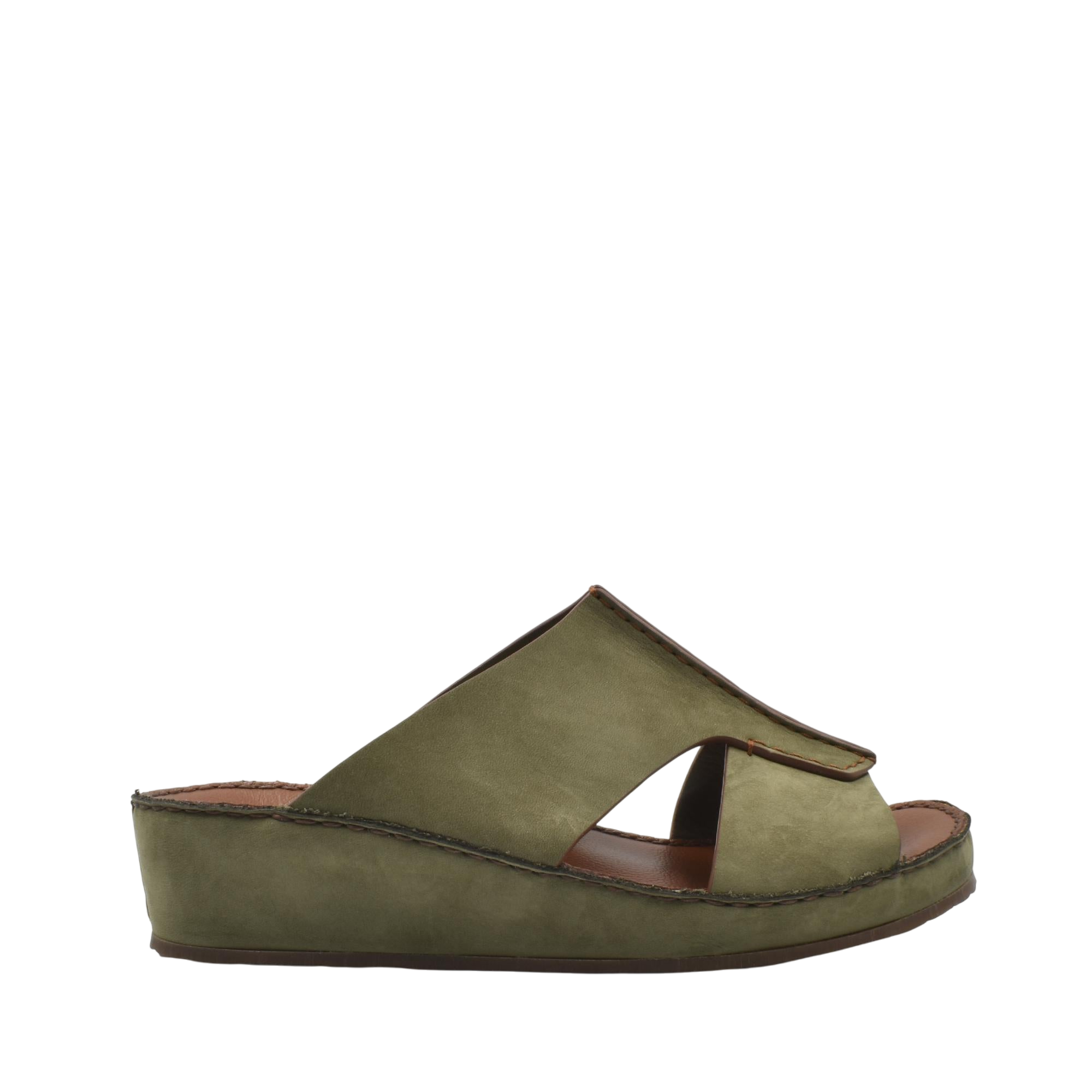 Olive green luxury nubuck slides with open toe and comfortable wedge sole