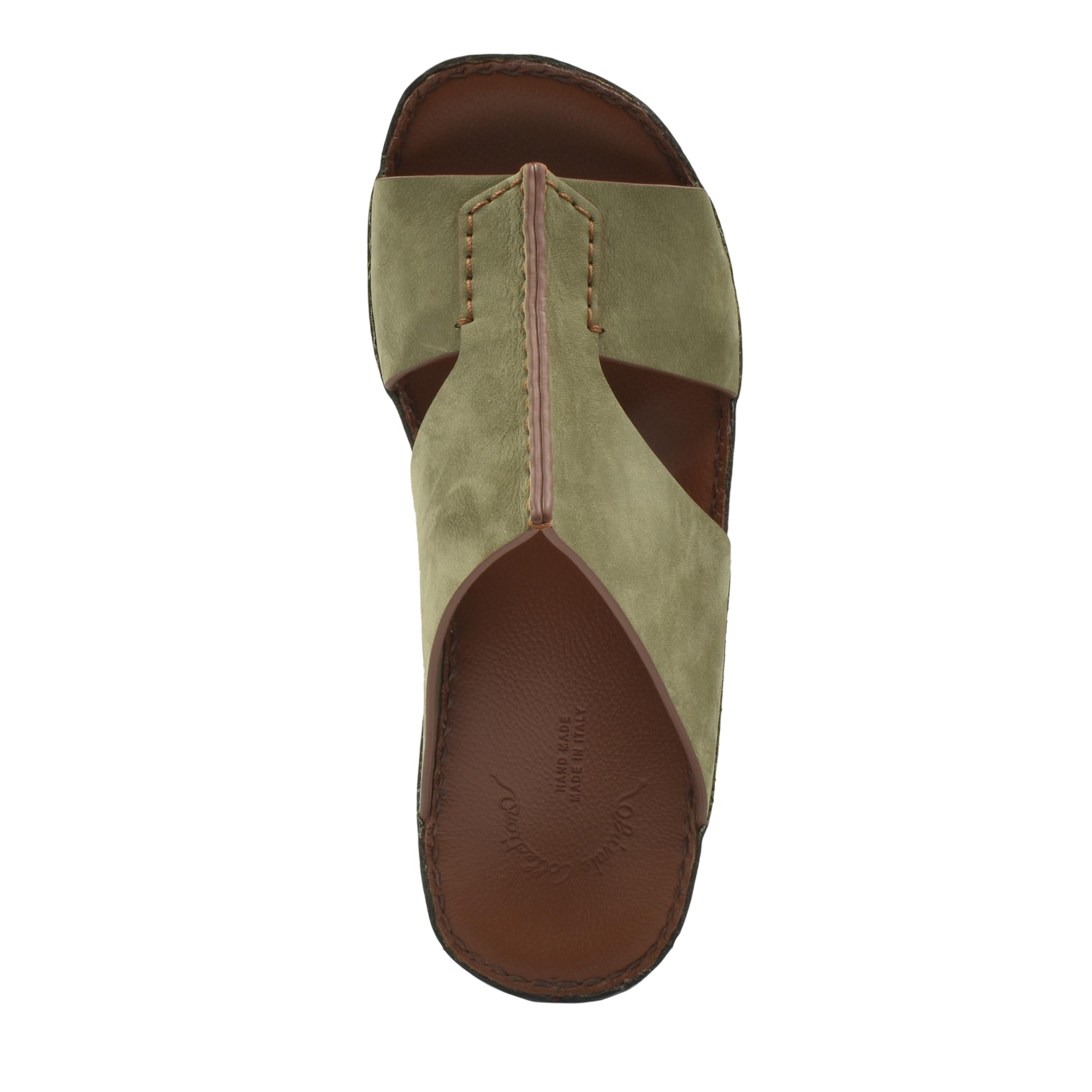 Top view of luxury nubuck slides in olive green with brown leather footbed from Private collection