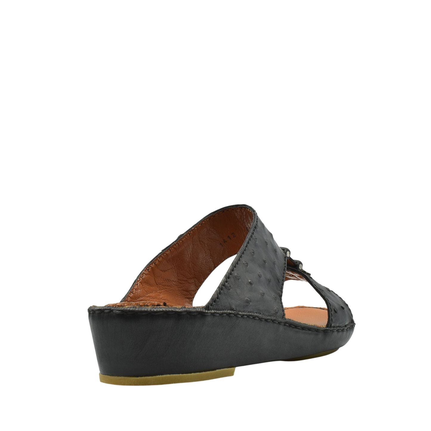Black luxury ostrich sandals with a low wedge heel and open toe design