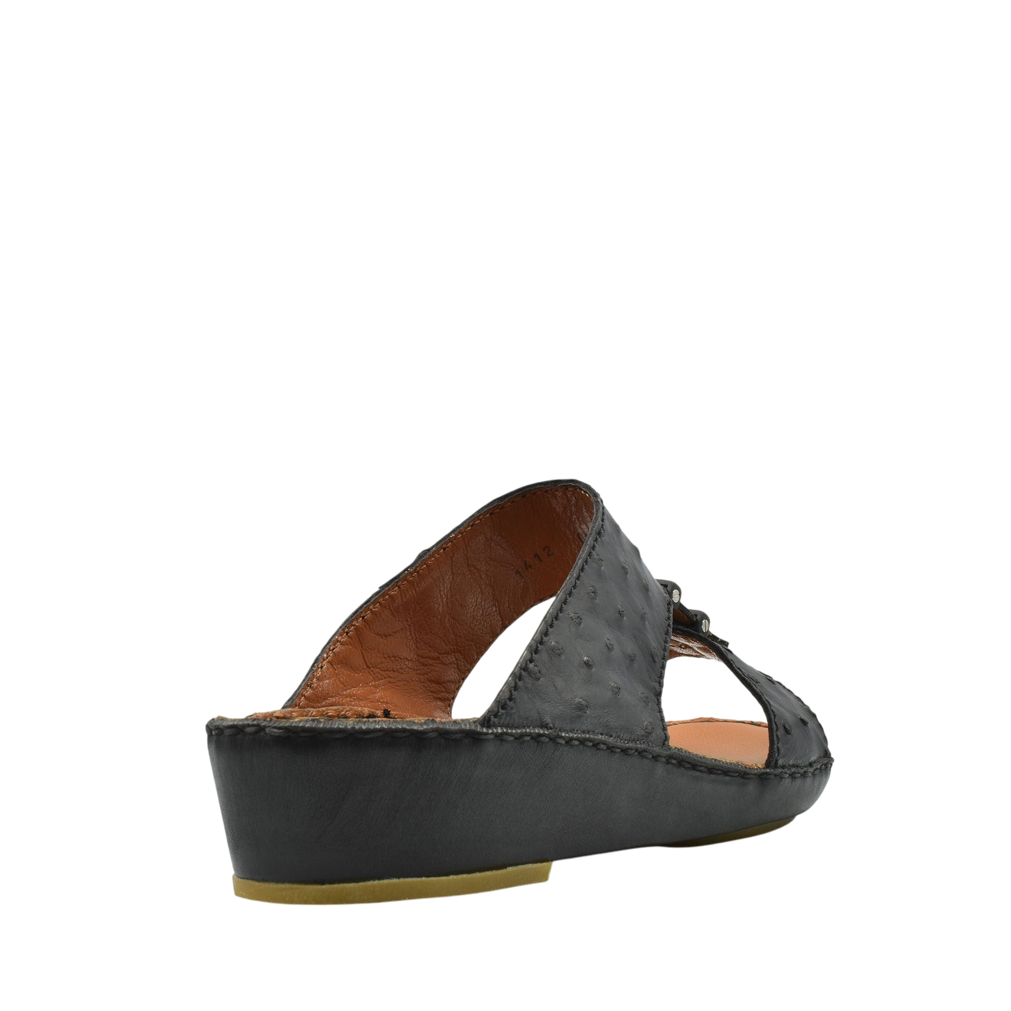 Black luxury ostrich sandals with a low wedge heel and open toe design