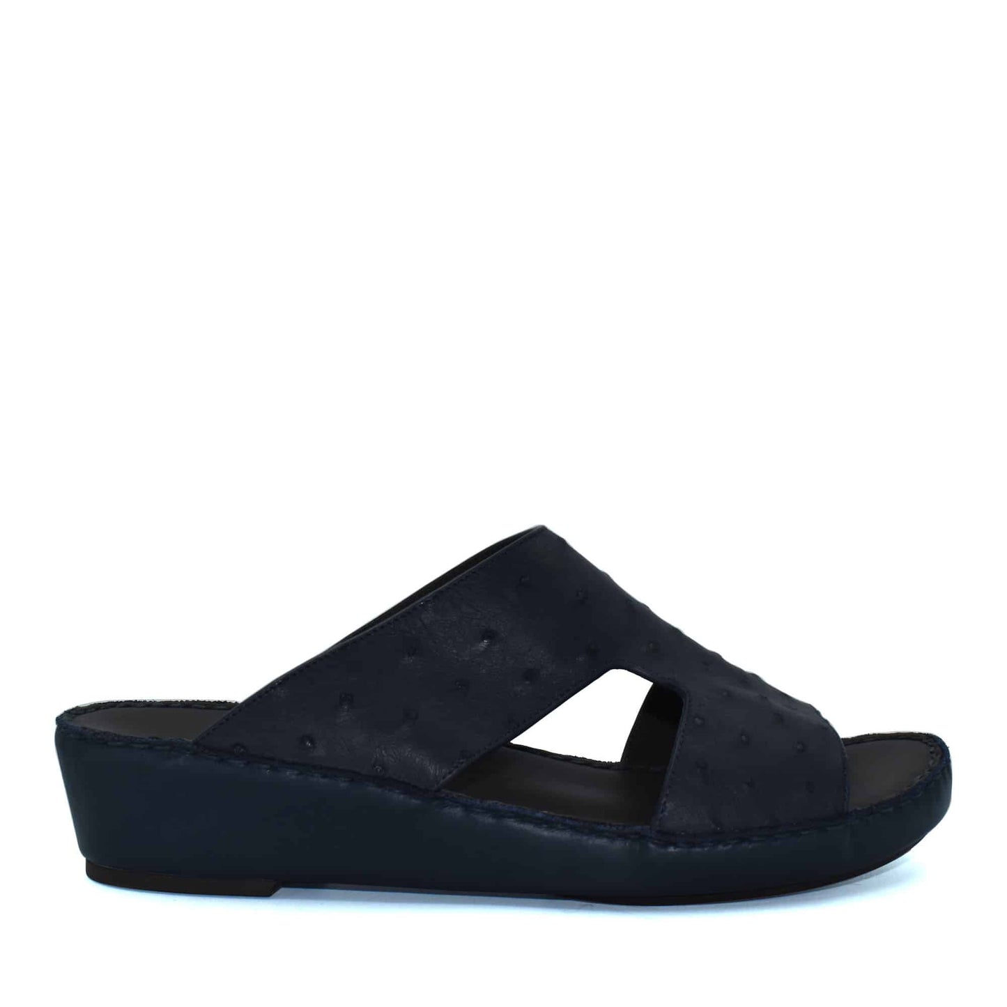 Black luxury ostrich sandals with wedge heel and open toe design from Private Collection