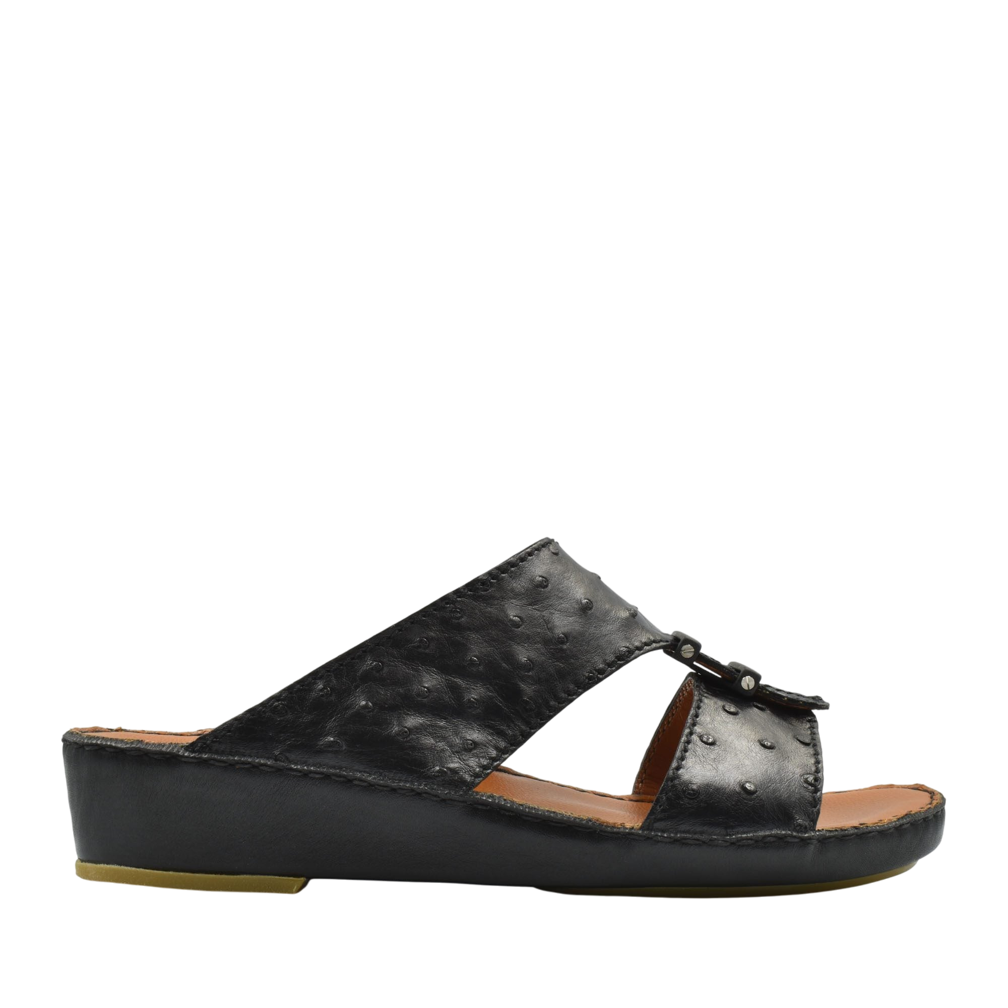 Black luxury ostrich sandals with wedge sole and open toe design from Private collection