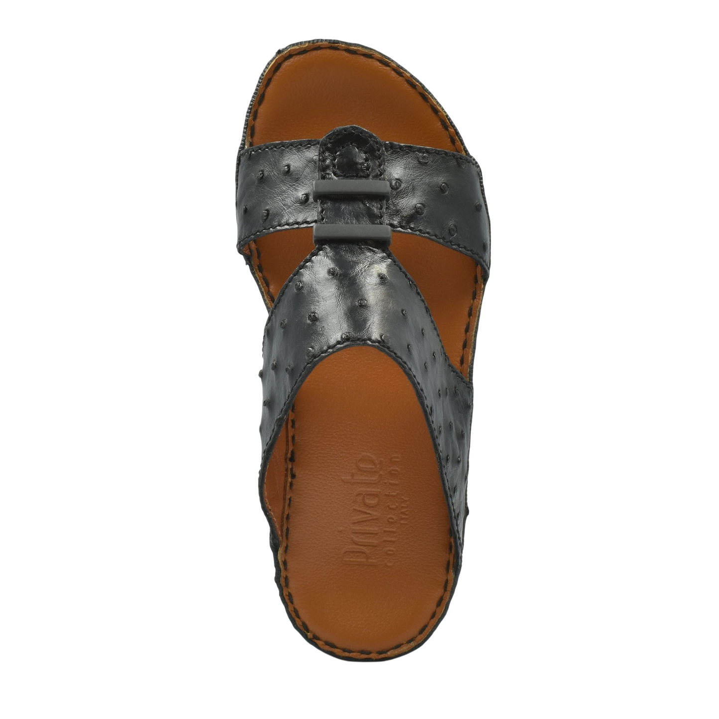 Black luxury ostrich sandals with textured leather and brown cushioned footbed from Private collection