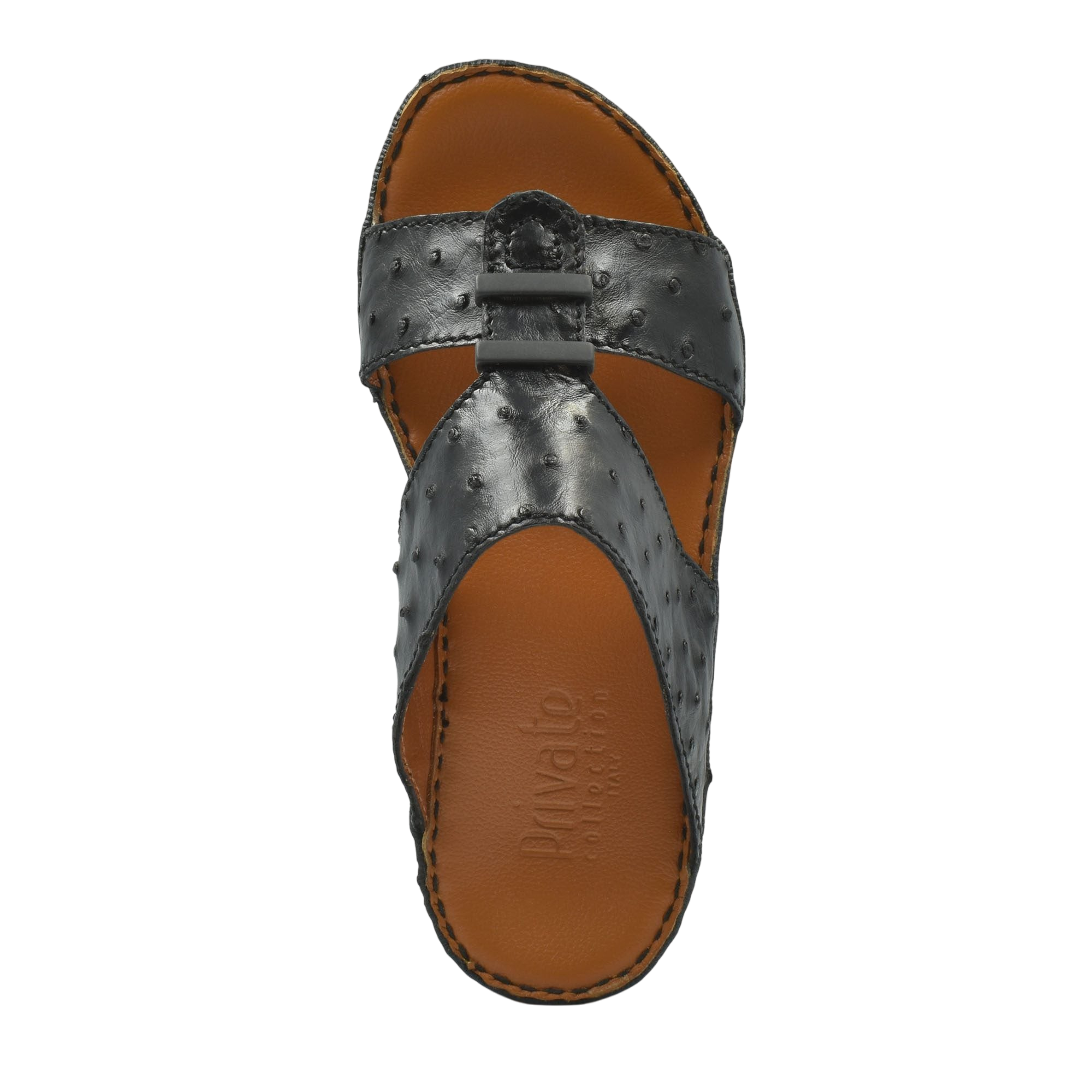 Black luxury ostrich sandals with textured leather and brown cushioned footbed from Private collection