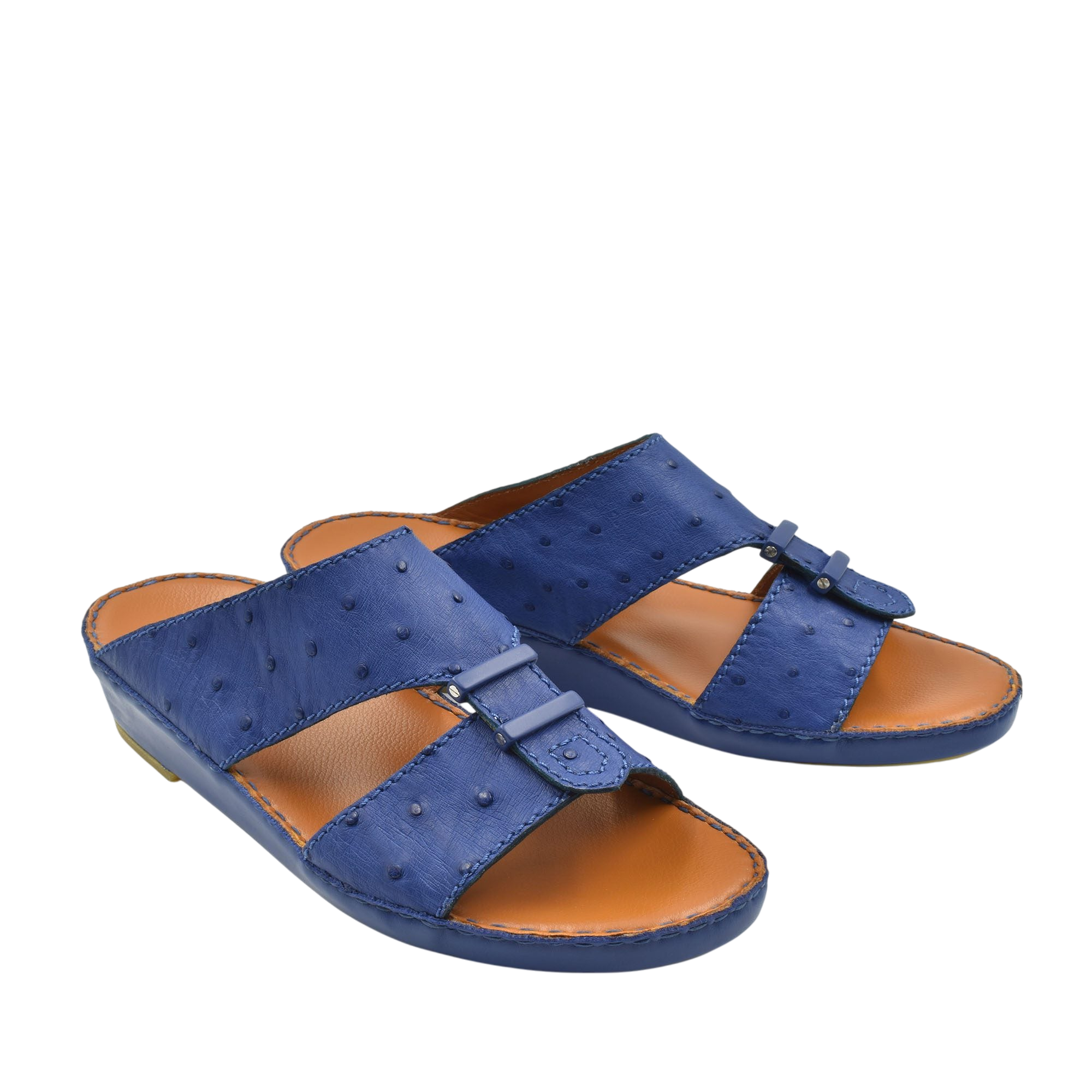Blue luxury ostrich sandals with open toe and textured leather from Private Collection