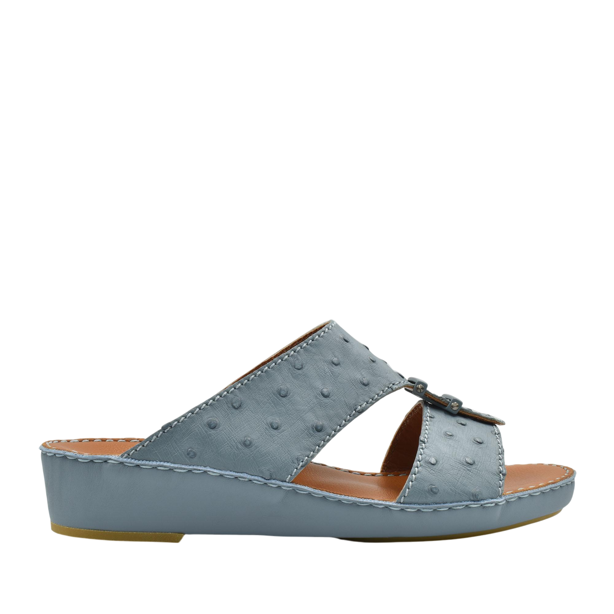 Blue luxury ostrich sandals with wedge heel and open toe design from Private Collection