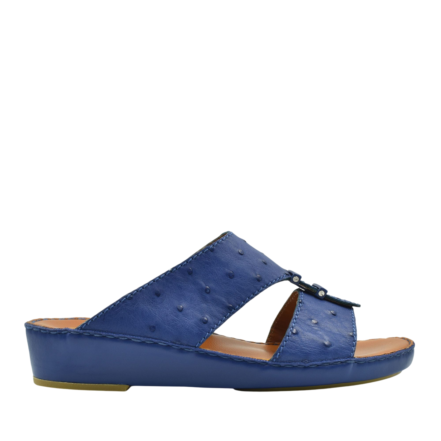Blue luxury ostrich sandals with open toe and low wedge heel from private collection