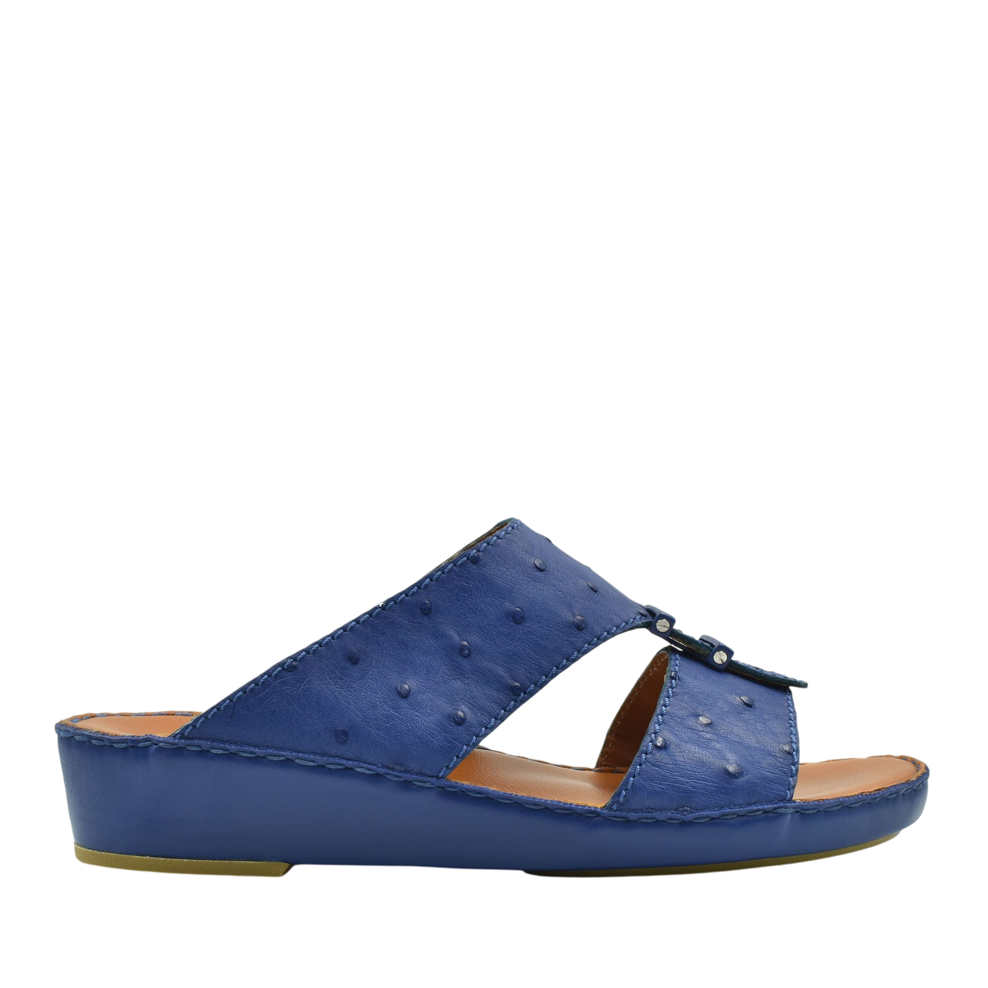 Blue luxury ostrich sandals with open toe and low wedge heel from private collection