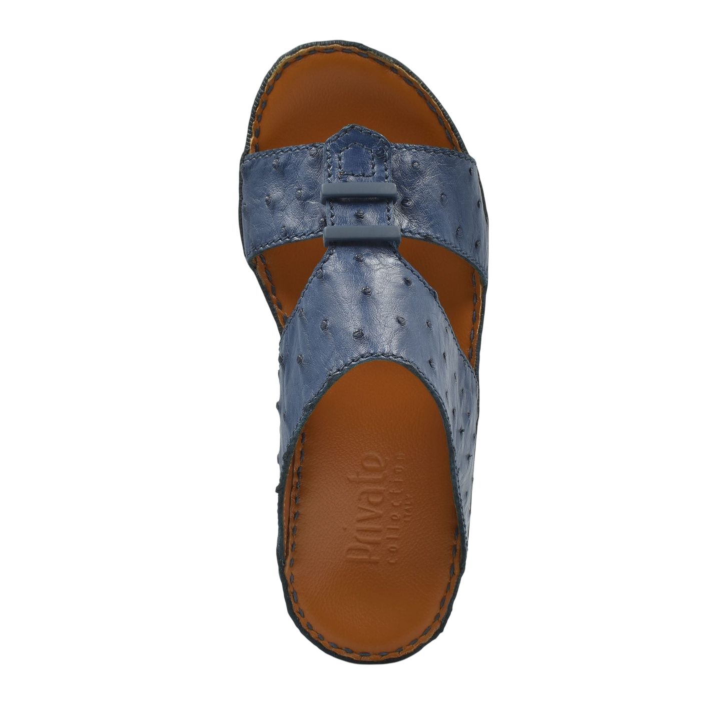 Blue luxury ostrich sandals with brown sole and adjustable strap from Private Collection