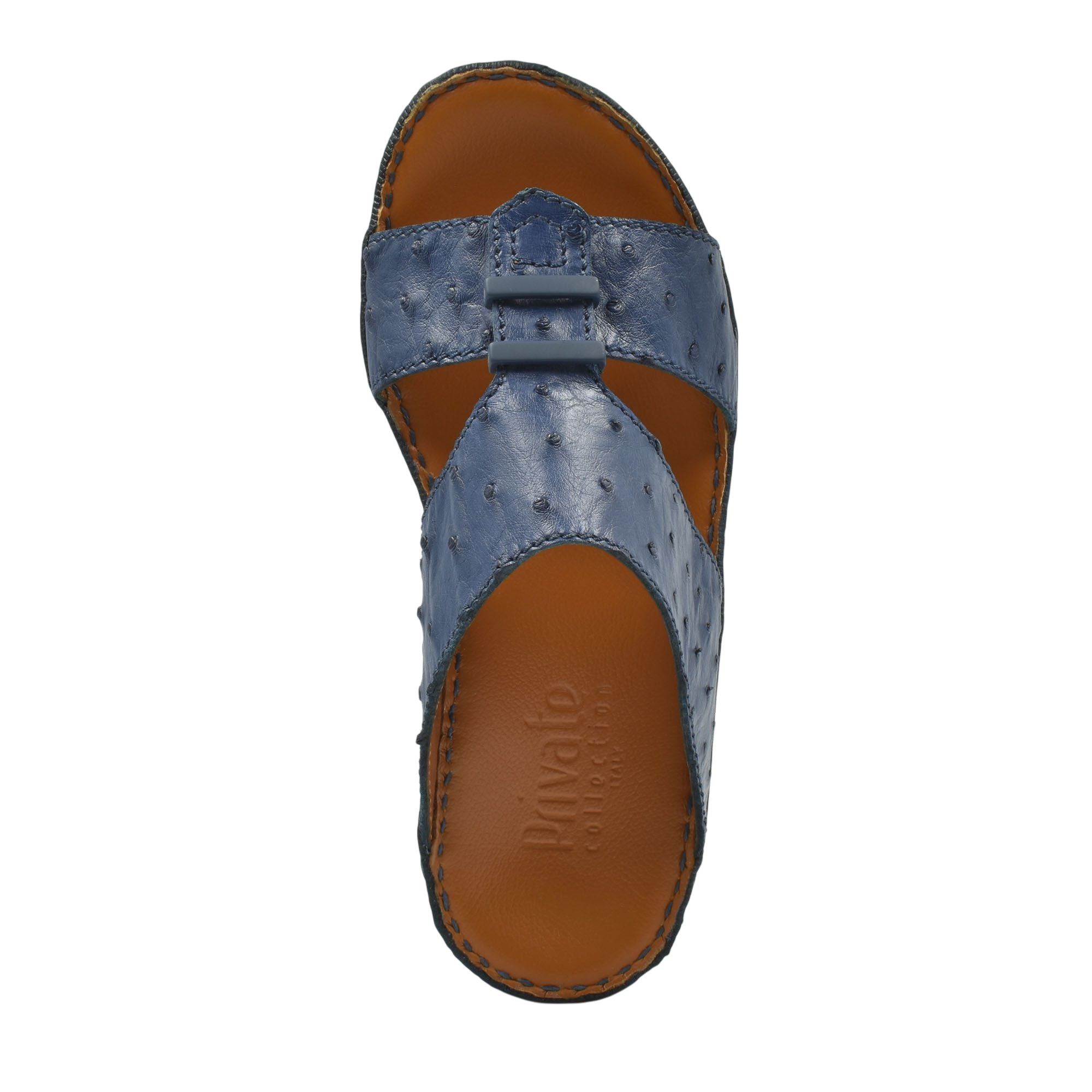 Blue luxury ostrich sandals with brown sole and adjustable strap from Private Collection